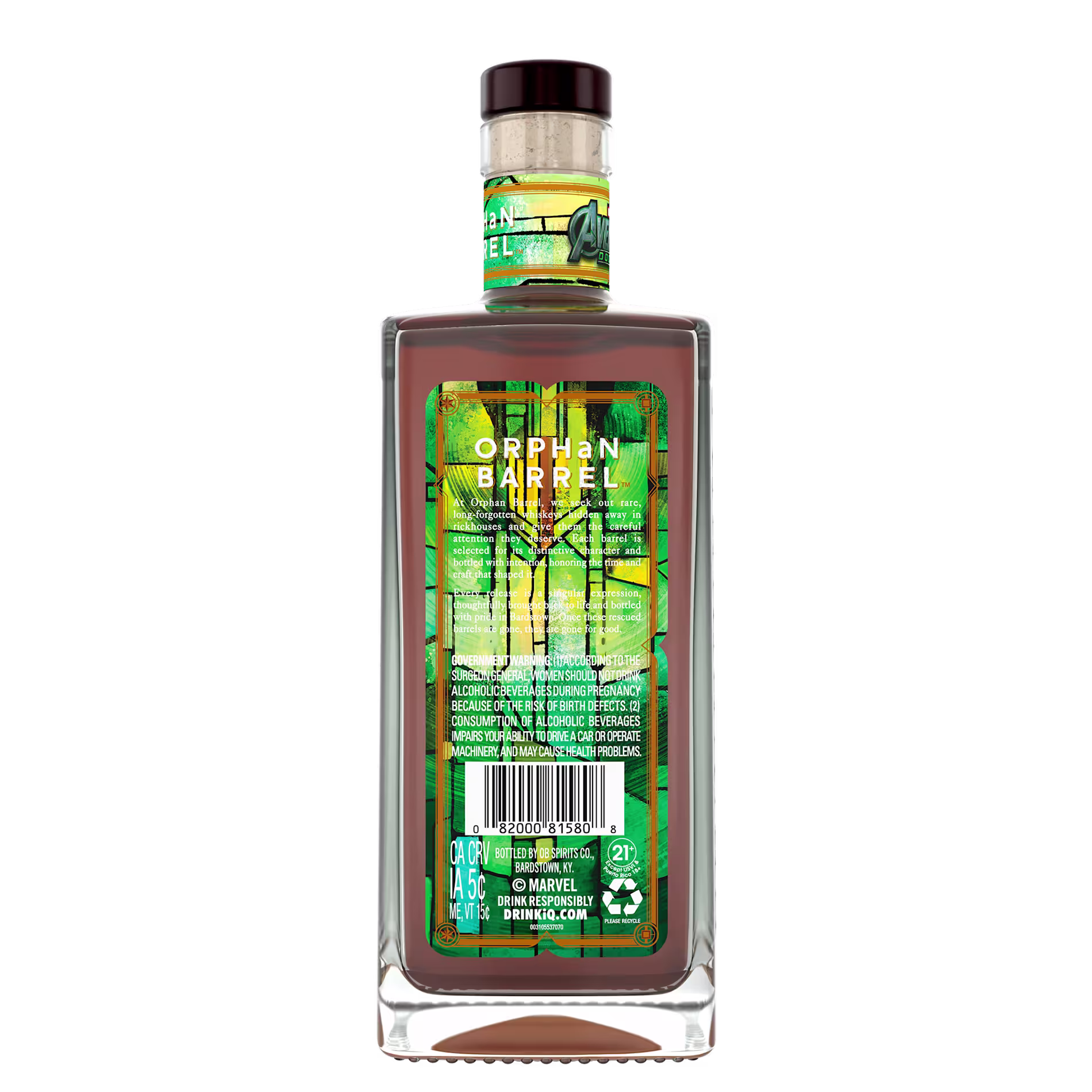 Back label of an Orphan Barrel whiskey bottle featuring a green and gold Marvel-themed illustration, product description, government warning, and barcode.