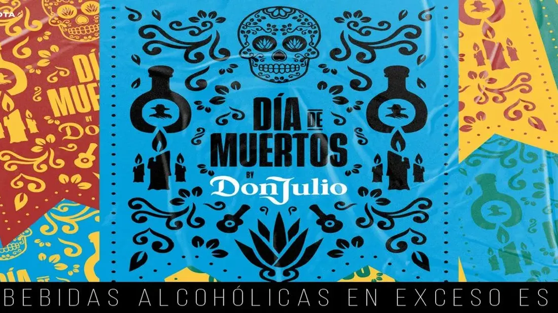 Banner promocional de Día de Muertos by Don Julio con íconos de la botella de tequila y calaveras
