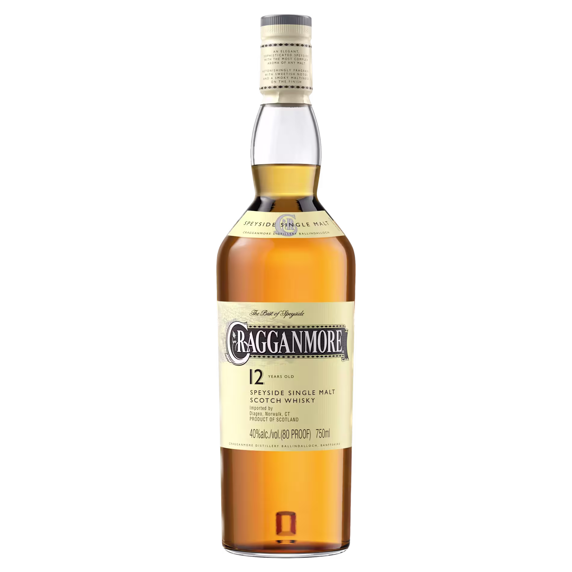 A bottle of Cragganmore 12 Year Old Speyside Single Malt Scotch Whisky with a cream label and gold cap against a plain background.