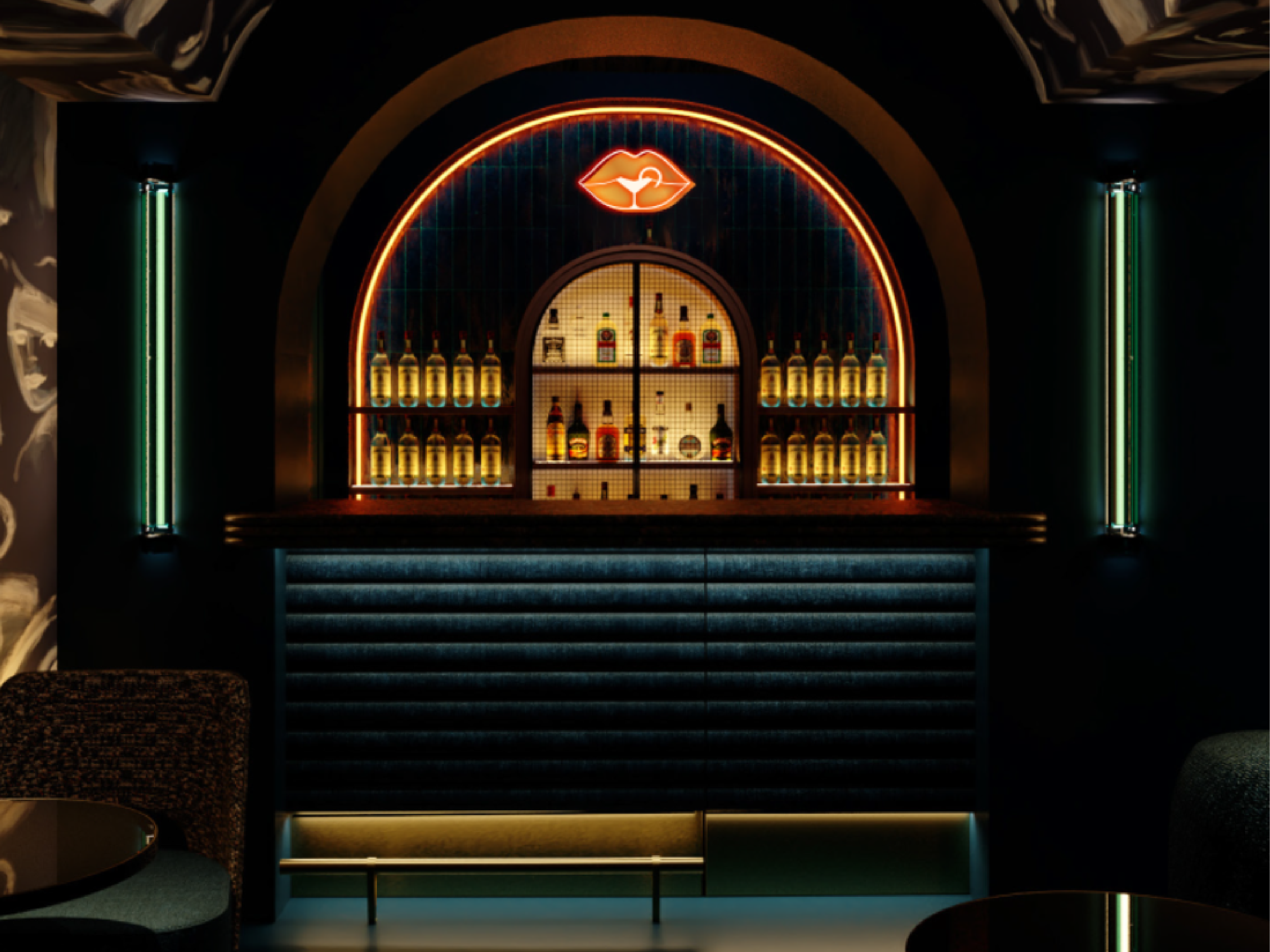 Bar de Mauz Madriz con diseño moderno, luces de neón y estanterías iluminadas, creando un ambiente sofisticado y vanguardista.
