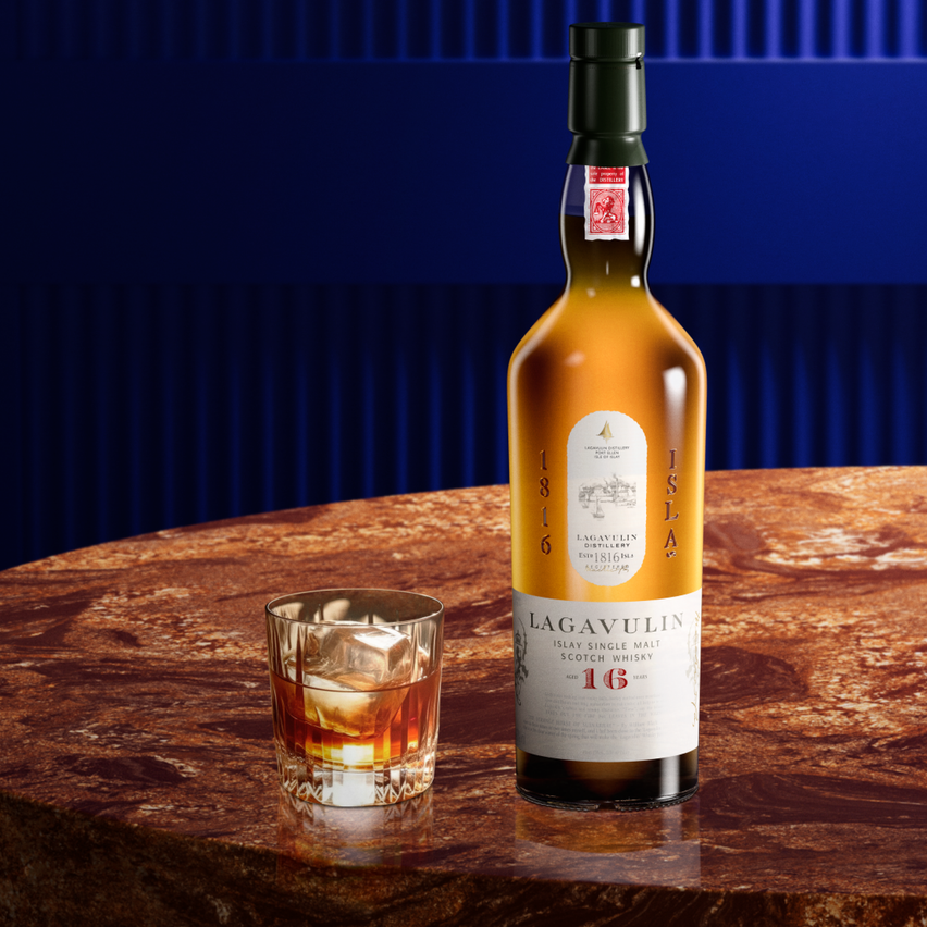 Bottle of Lagavulin and a glass of whisky