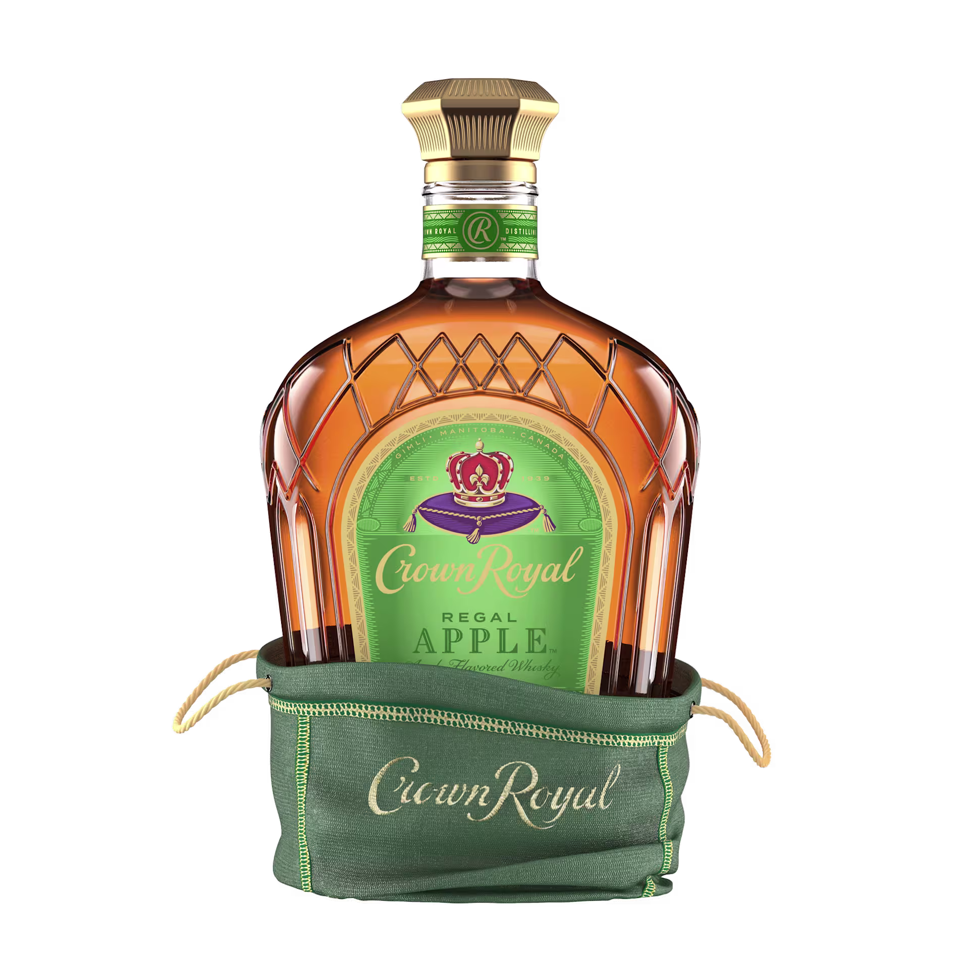A bottle of Crown Royal Regal Apple flavored whisky partially wrapped in a green fabric bag with gold drawstrings.