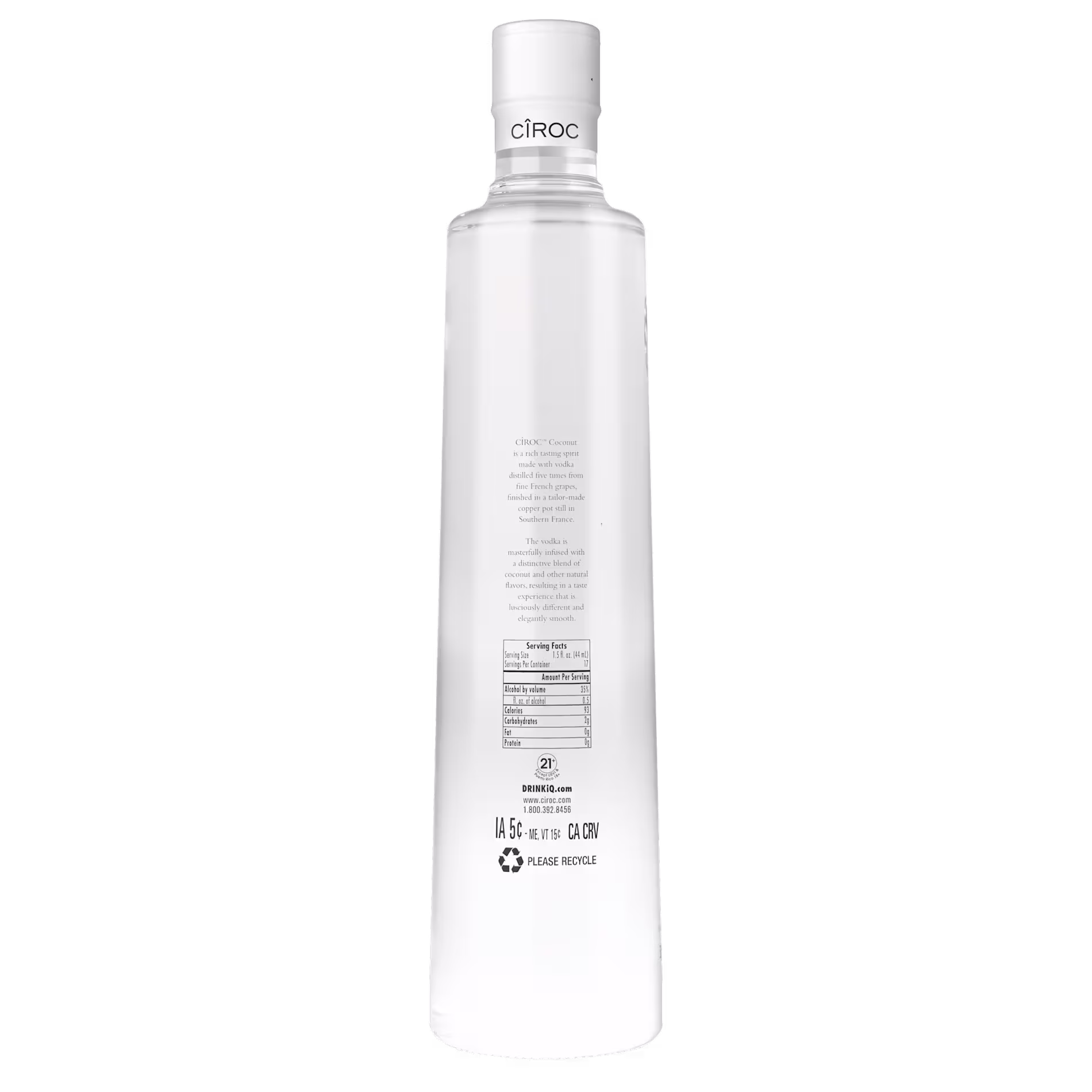 Clear Ciroc vodka bottle shown from the back, displaying product information and a recycling symbol on the transparent label.