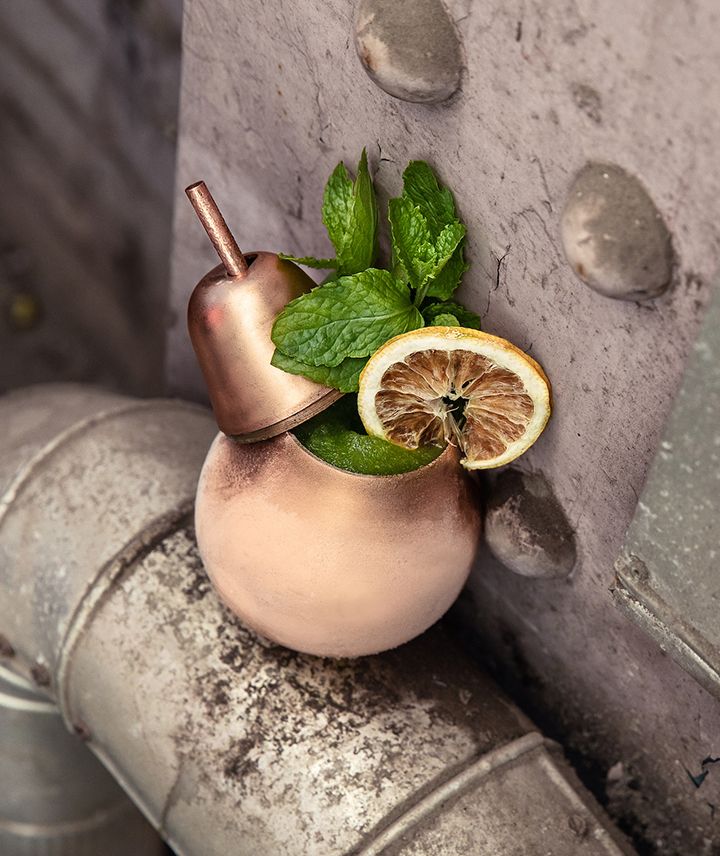 Roe and Co Cocktail with mint and orange garnish