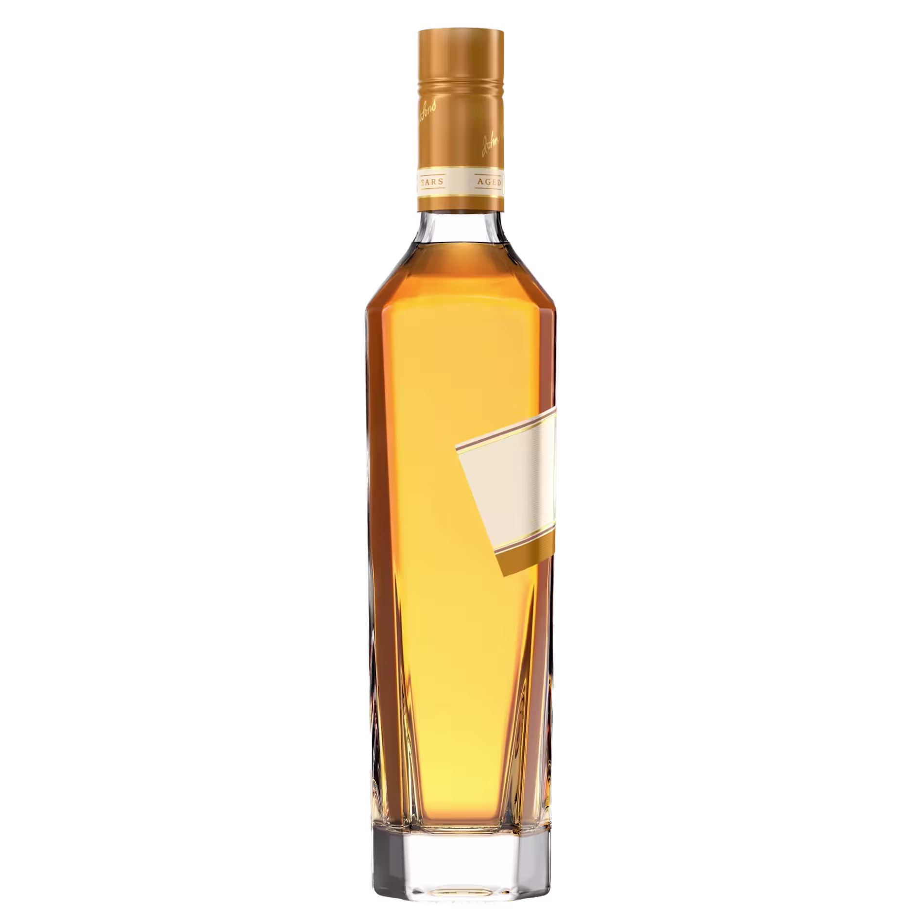 A bottle of amber-colored whisky with a gold label and cap, set against a plain black background.