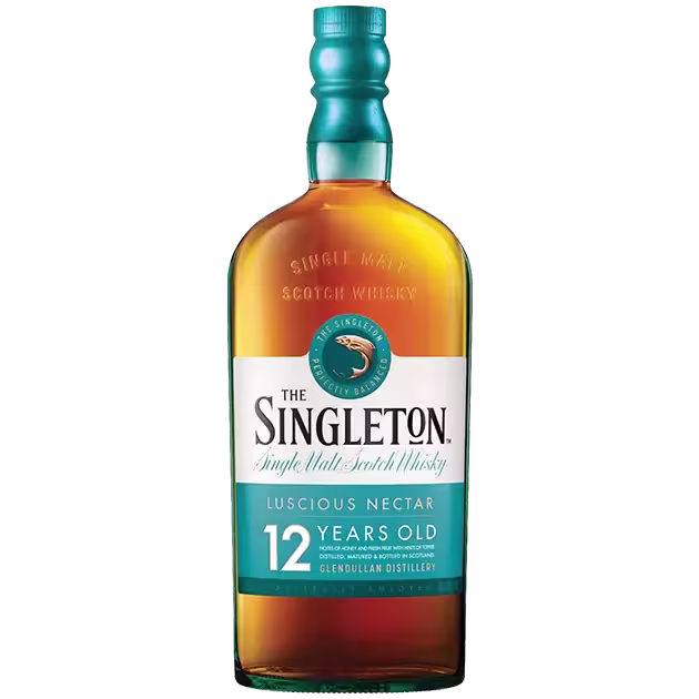 A bottle of The Singleton 12 Years Old Single Malt Scotch Whisky, labeled Luscious Nectar from Glendullan Distillery.