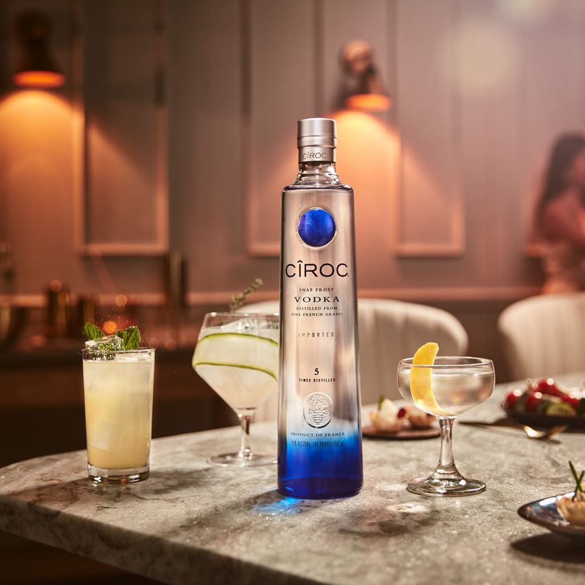 ciroc vodka with cocktails on a table
