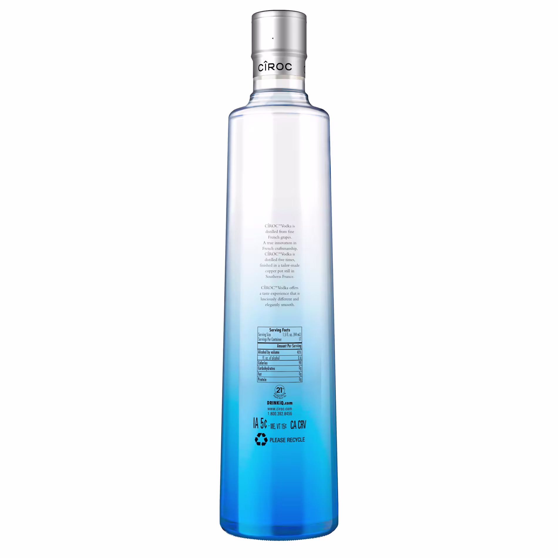 Back side of Ciroc Premium Vodka bottle 