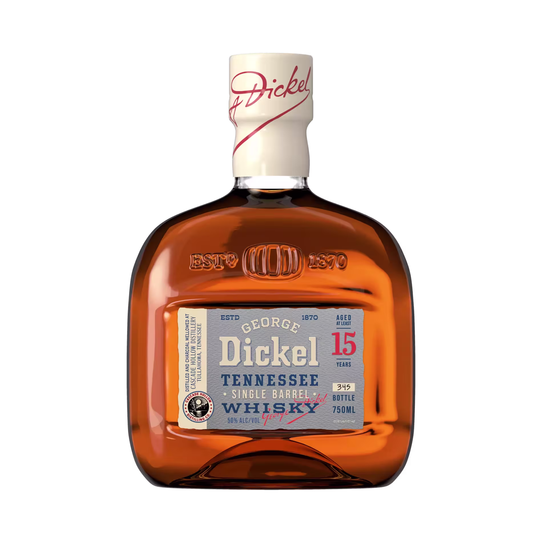 A bottle of George Dickel 15-year Tennessee Single Barrel Whisky with a white label and red cap, containing 750ml at 52.8% alcohol by volume.