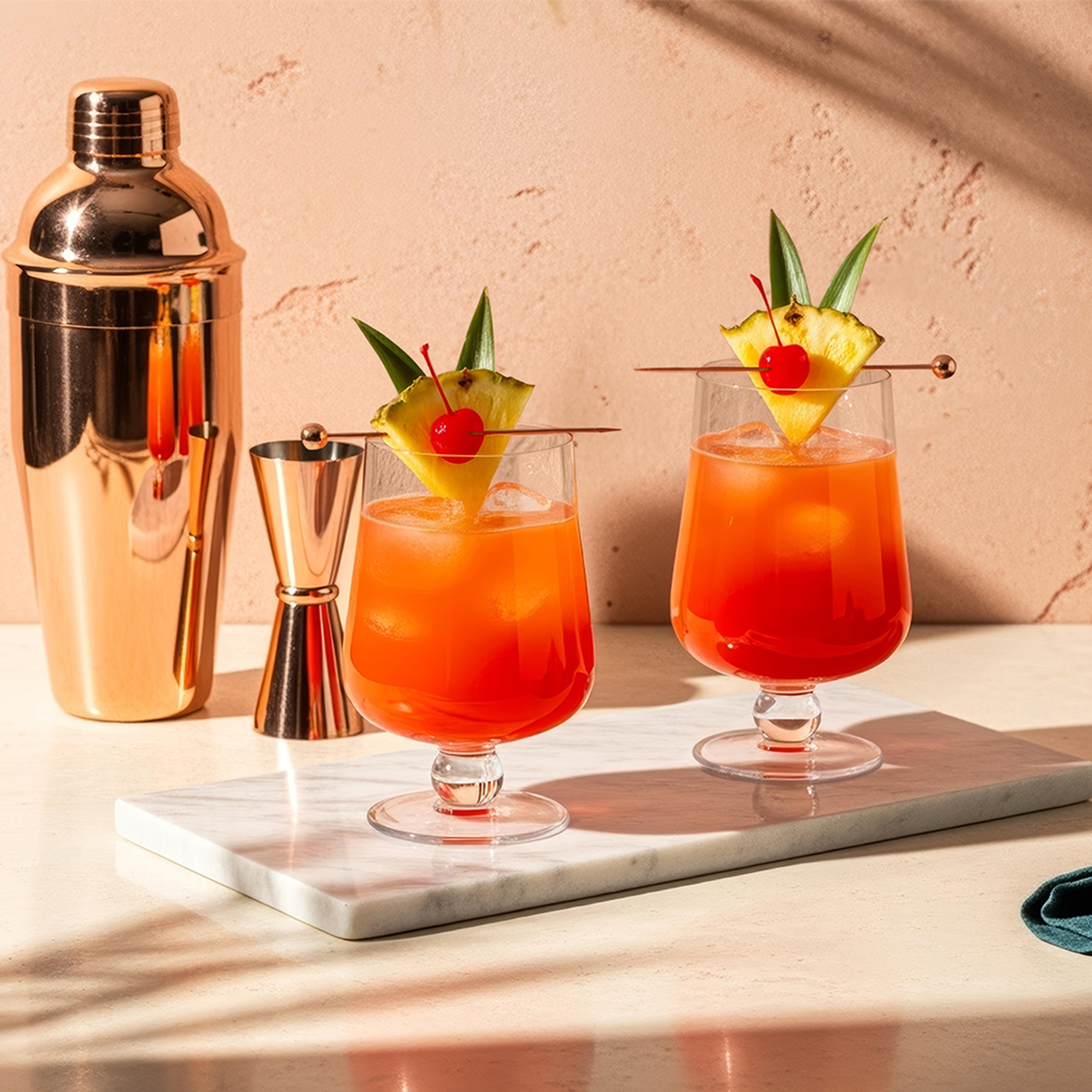 Két Singapore Sling koktél az asztalon, mellette egy réz koktélkeverő, egy jigger és egy tál olajbogyó egy szalvétán.