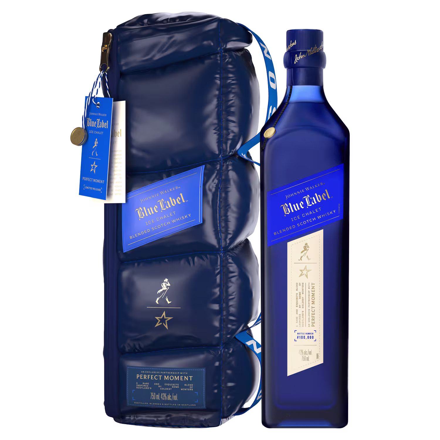 A blue bottle of Johnnie Walker Blue Label scotch whisky stands next to a padded blue carrying case with a matching tag and branded details.