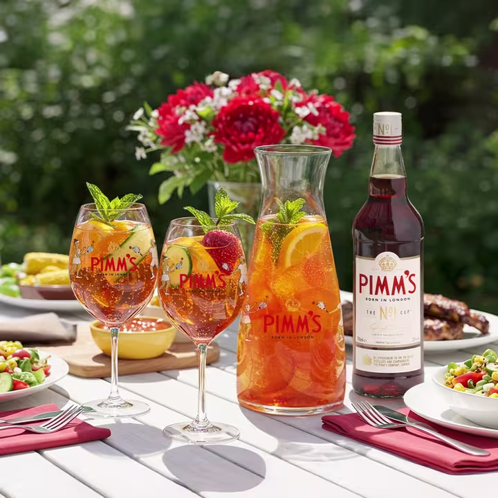 Pimm’s x Gabriella Taylor Limited Edition Carafe with 2x Wine Glasses on table