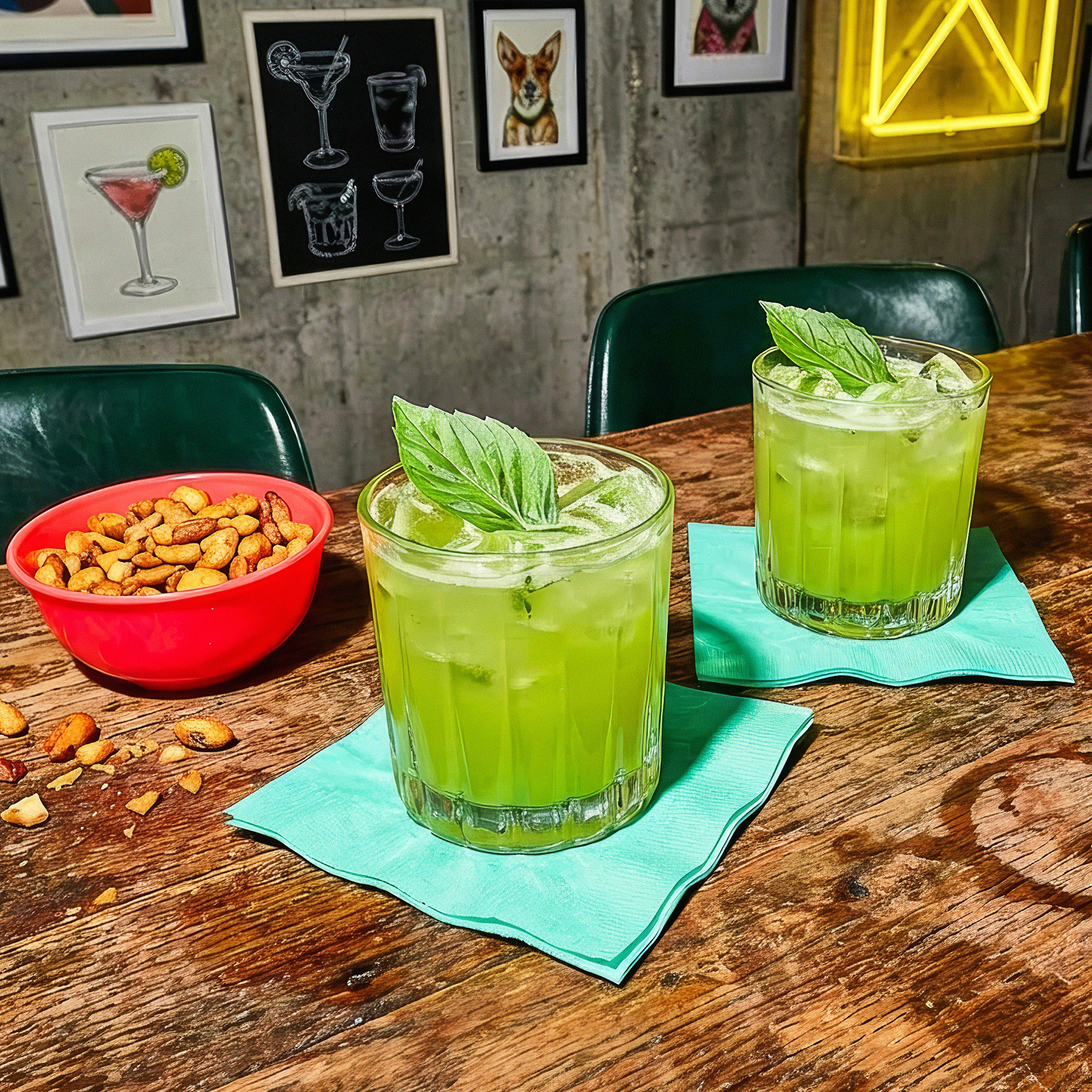 Two light green mint cocktails on a wooden table in rocks glasses with ice, on teal paper napkins next to a reowl of nuts