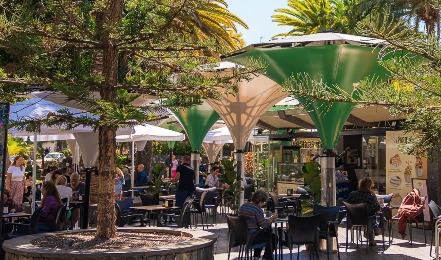Terraza al aire libre en Terraza Parque, rodeada de árboles y palmeras, con mesas bajo sombrillas modernas y ambiente relajado.