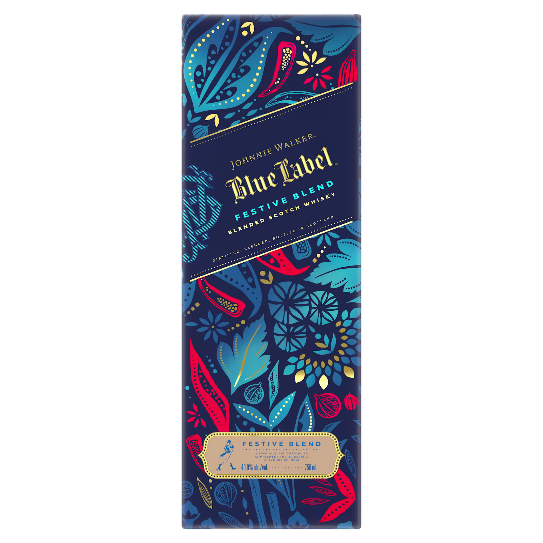Front view of Johnnie Walker Blue Label Festive Blend gift carton, featuring a deep blue background with vibrant floral and botanical patterns in blue, red, and gold. The carton displays Blue Label Festive Blend branding and a decorative holiday-inspired design. 
