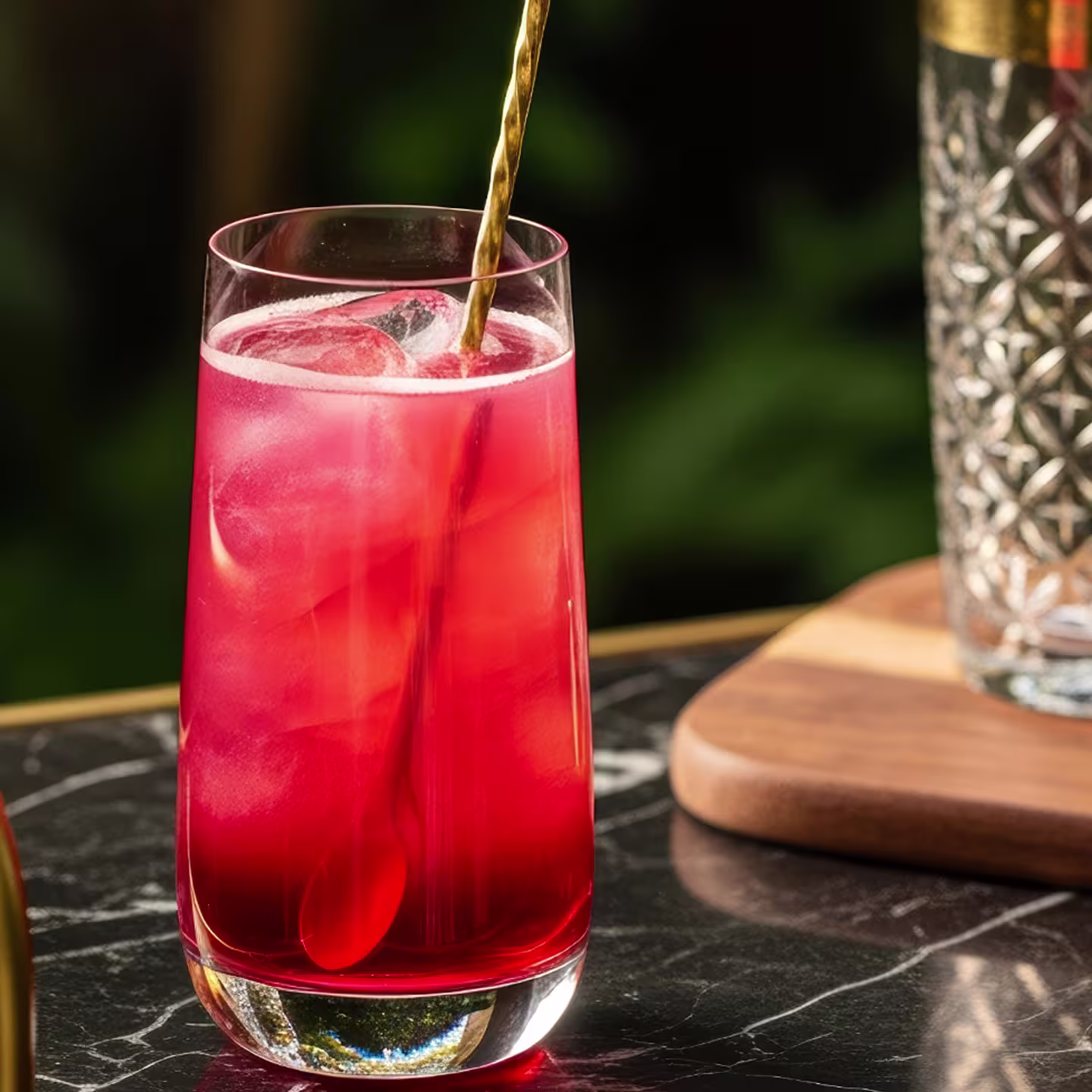 A metal spoon stirs a Woo Woo cocktail in a tall glass filled with ice.