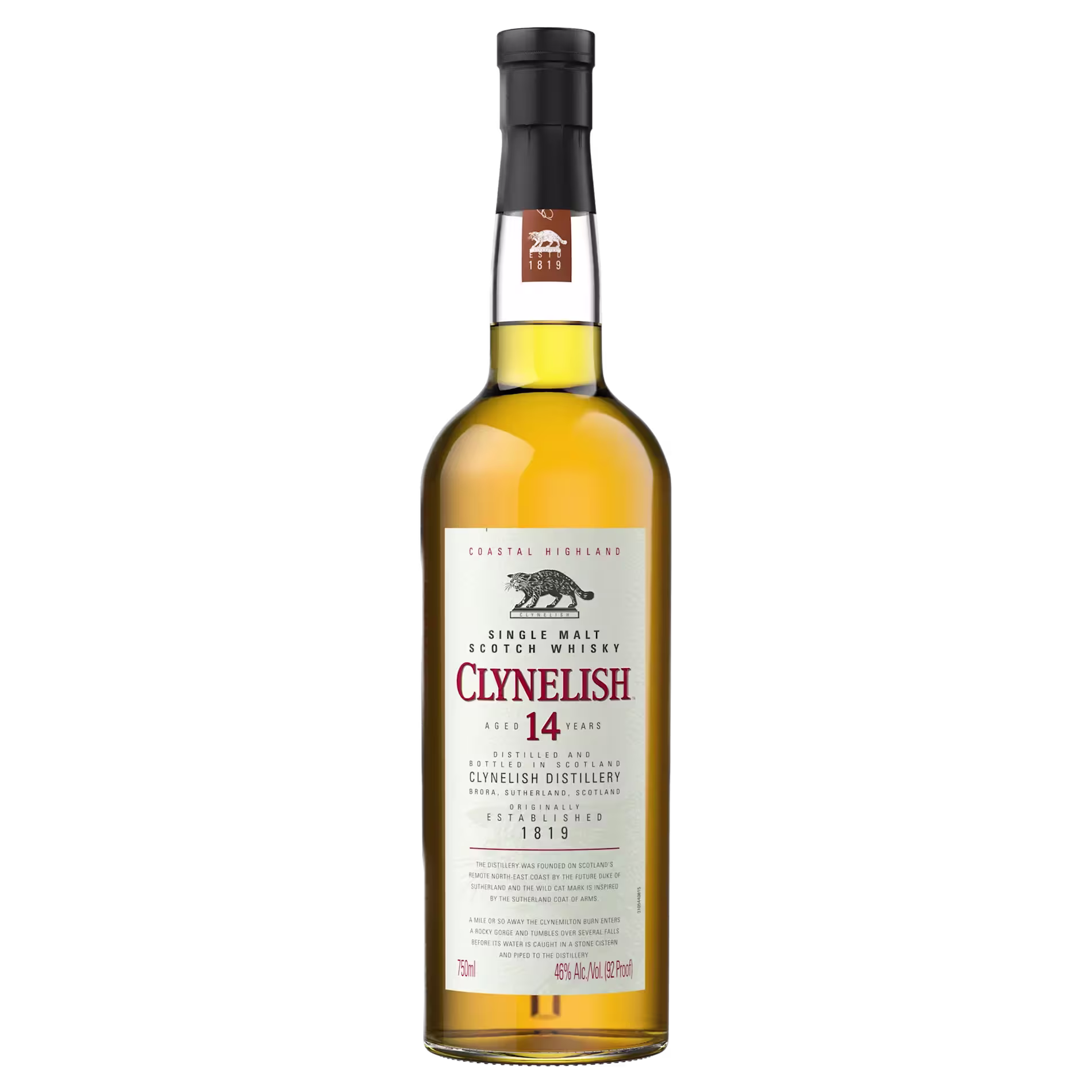 A bottle of Clynelish 14 Year Old single malt Scotch whisky with a cream label, black cap, and amber liquid, standing upright on a plain background.