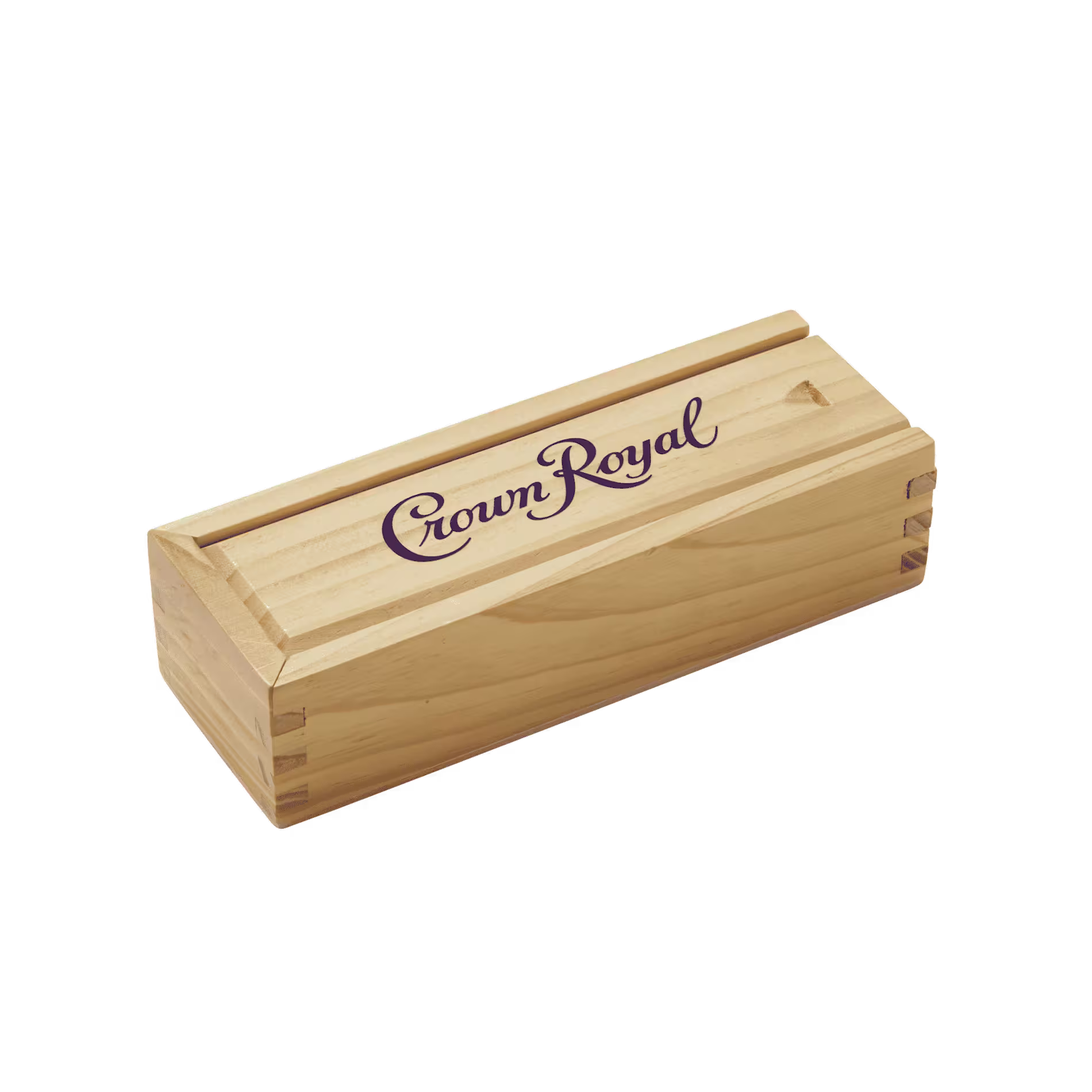 A rectangular wooden box with dovetail joints and the Crown Royal logo printed on the lid.