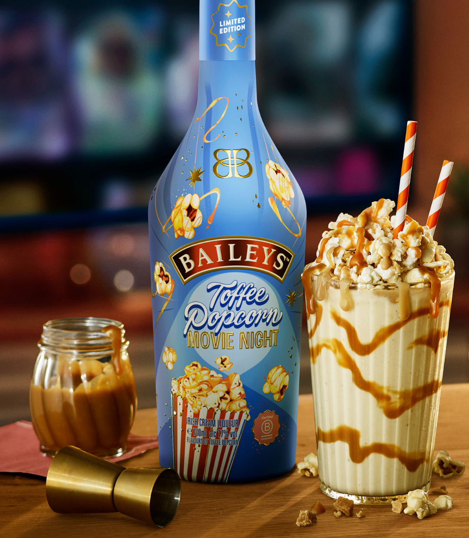 Baileys Toffee Popcorn next to Toffee Popcorn Milkshake, Jigger and Toffee