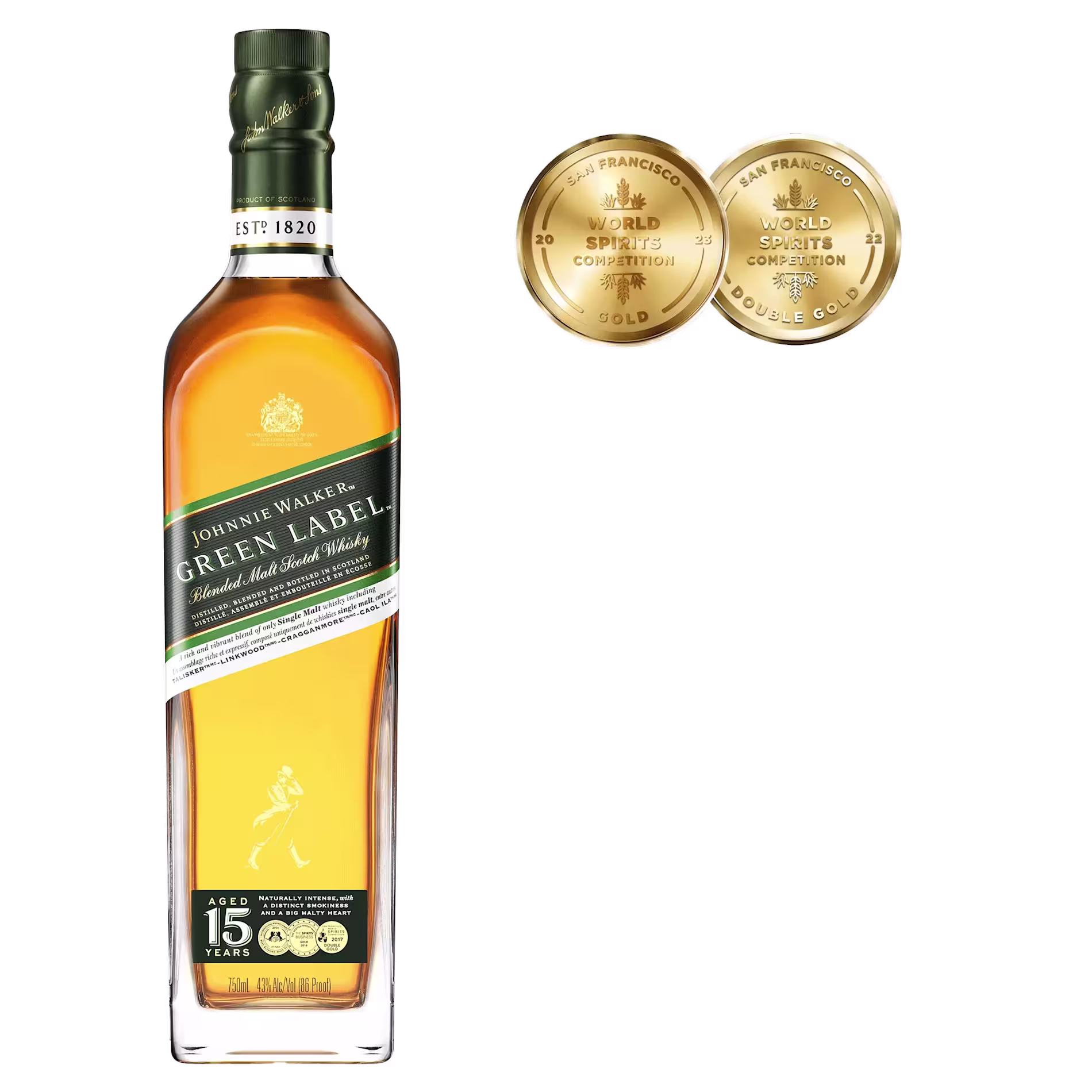 A bottle of Johnnie Walker Green Label 15-Year-Old Scotch Whisky is shown next to two gold award medals from the San Francisco World Spirits Competition.