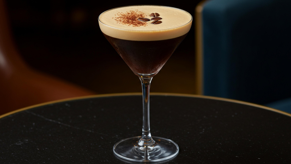 A martini glass filled with a dark espresso martini, topped with a creamy foam layer and garnished with three coffee beans, sits on a black table.