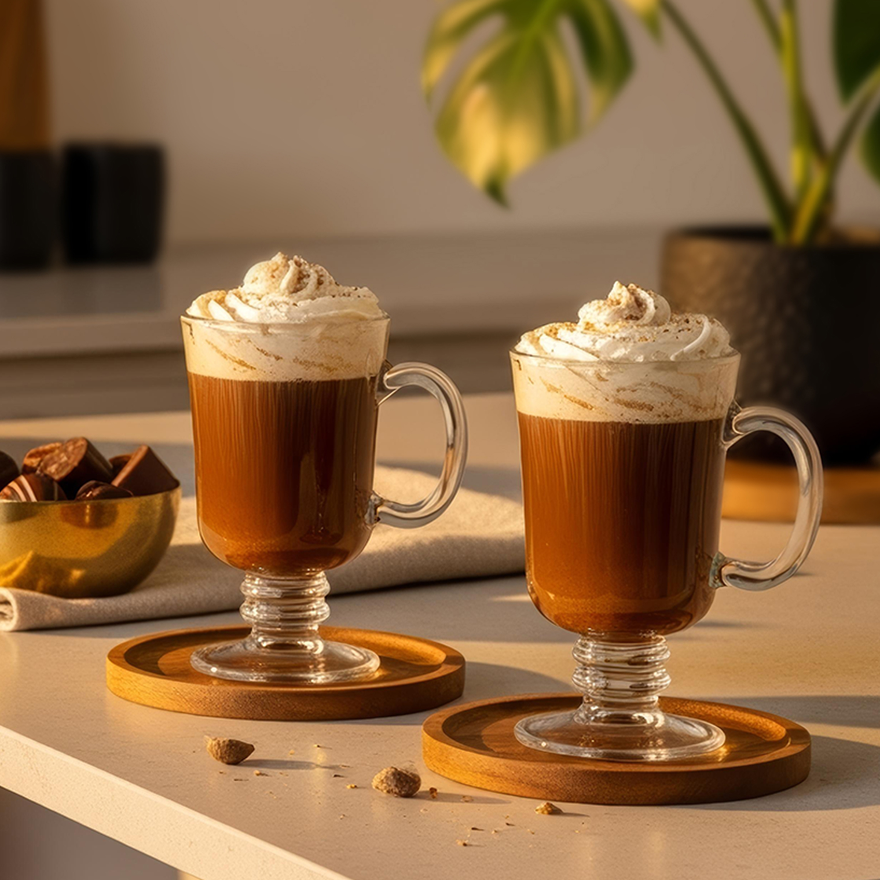 Két ír kávé az asztalon, mellette egy kis tál csokoládés trüffel és egy sárga gyapjúkötés.