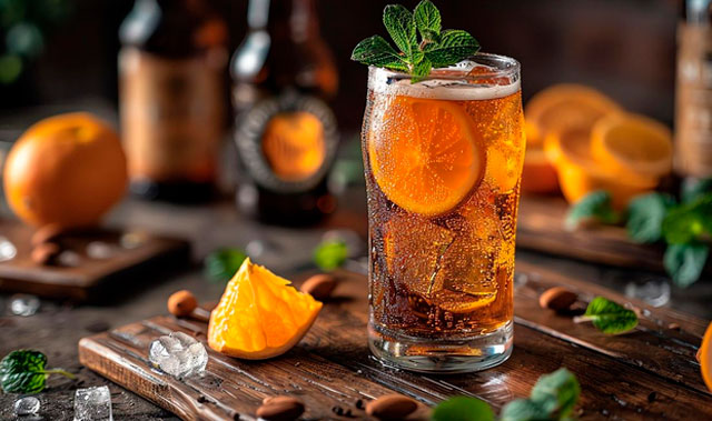 cóctel en vaso tipo pinta con guarnición de naranja y menta