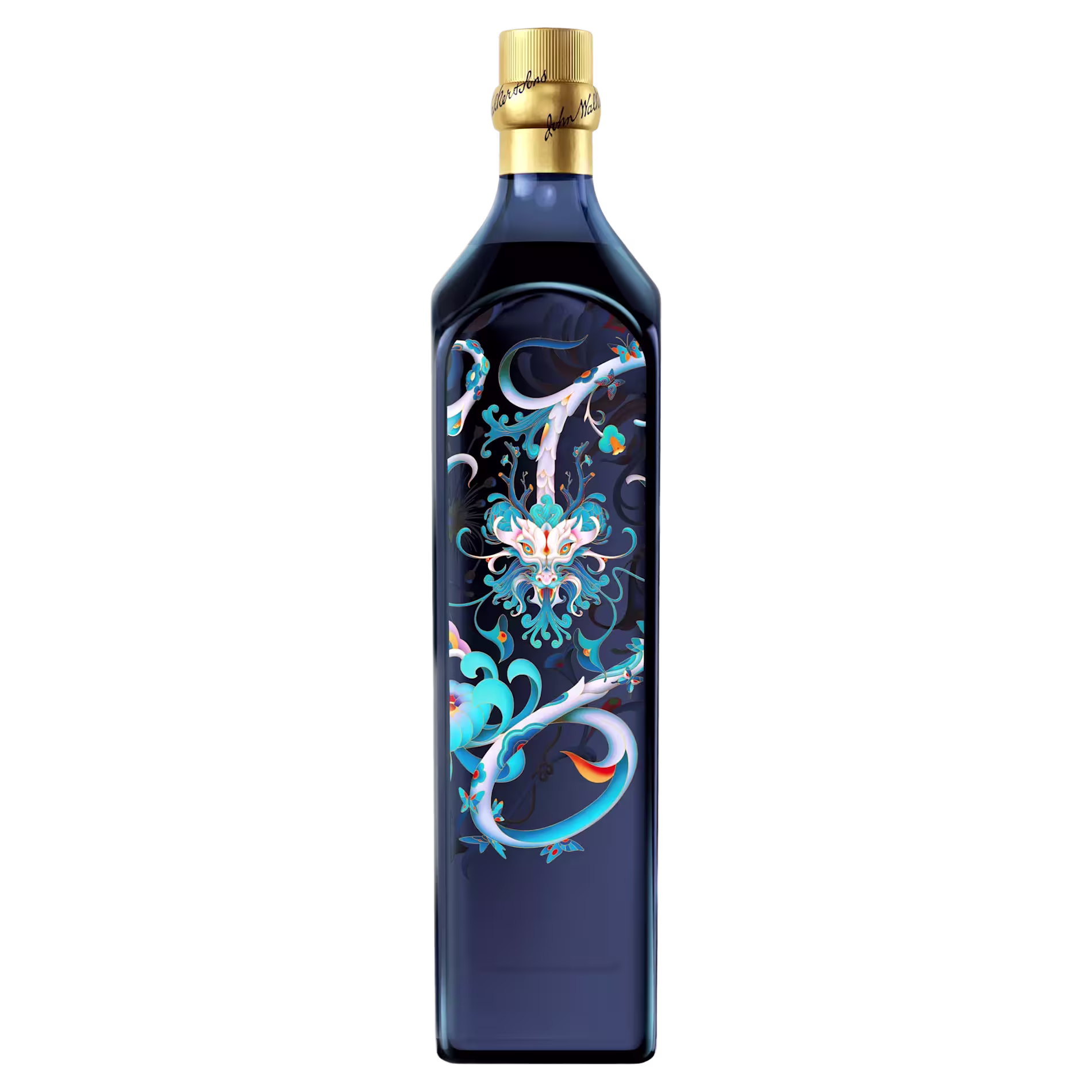 A dark blue bottle with a gold cap, featuring an ornate, floral and swirl design in light blue, white, and orange on the front.