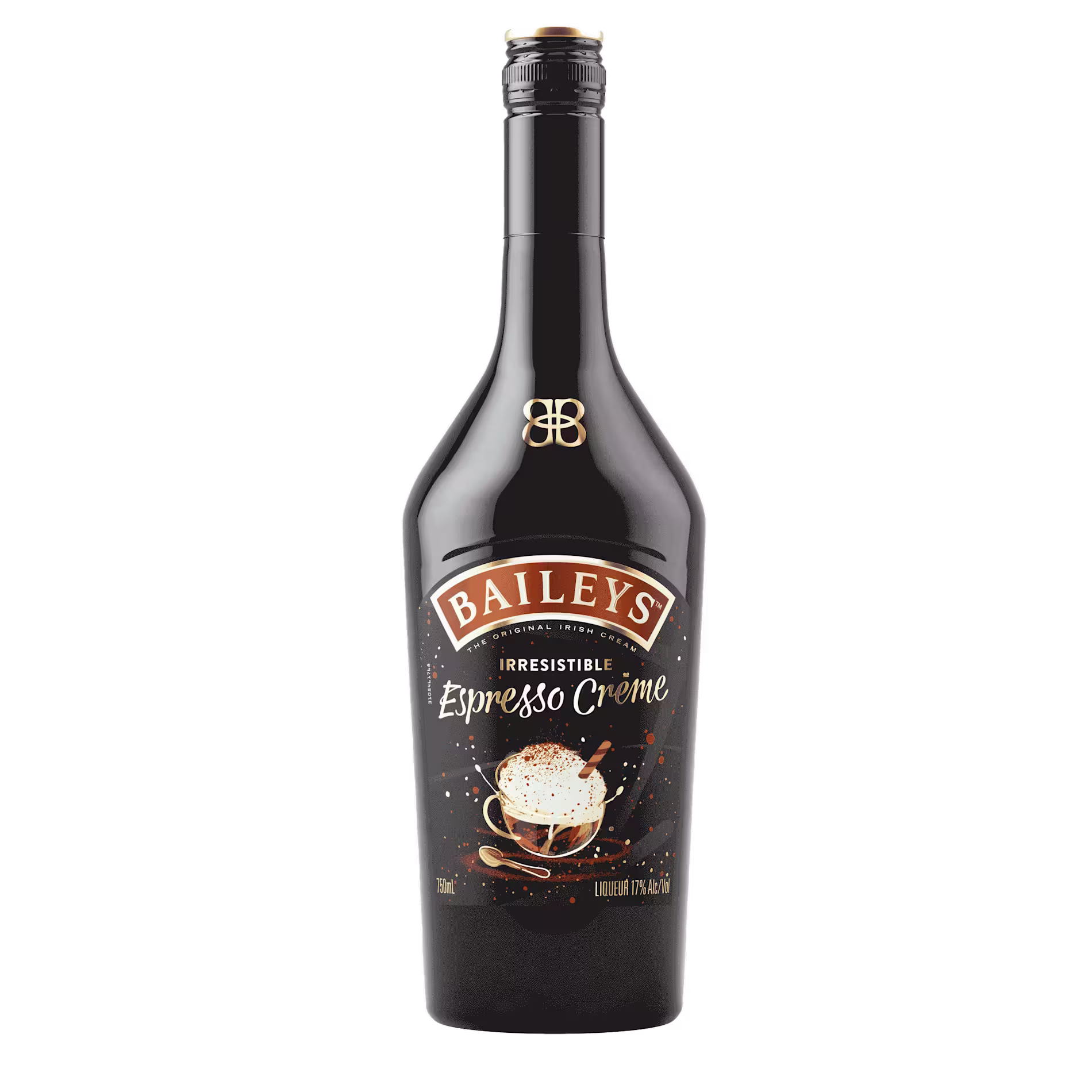 A bottle of Baileys Irish Cream labeled Irresistible Espresso Crème with an image of a coffee cup topped with whipped cream and coffee beans on the front.