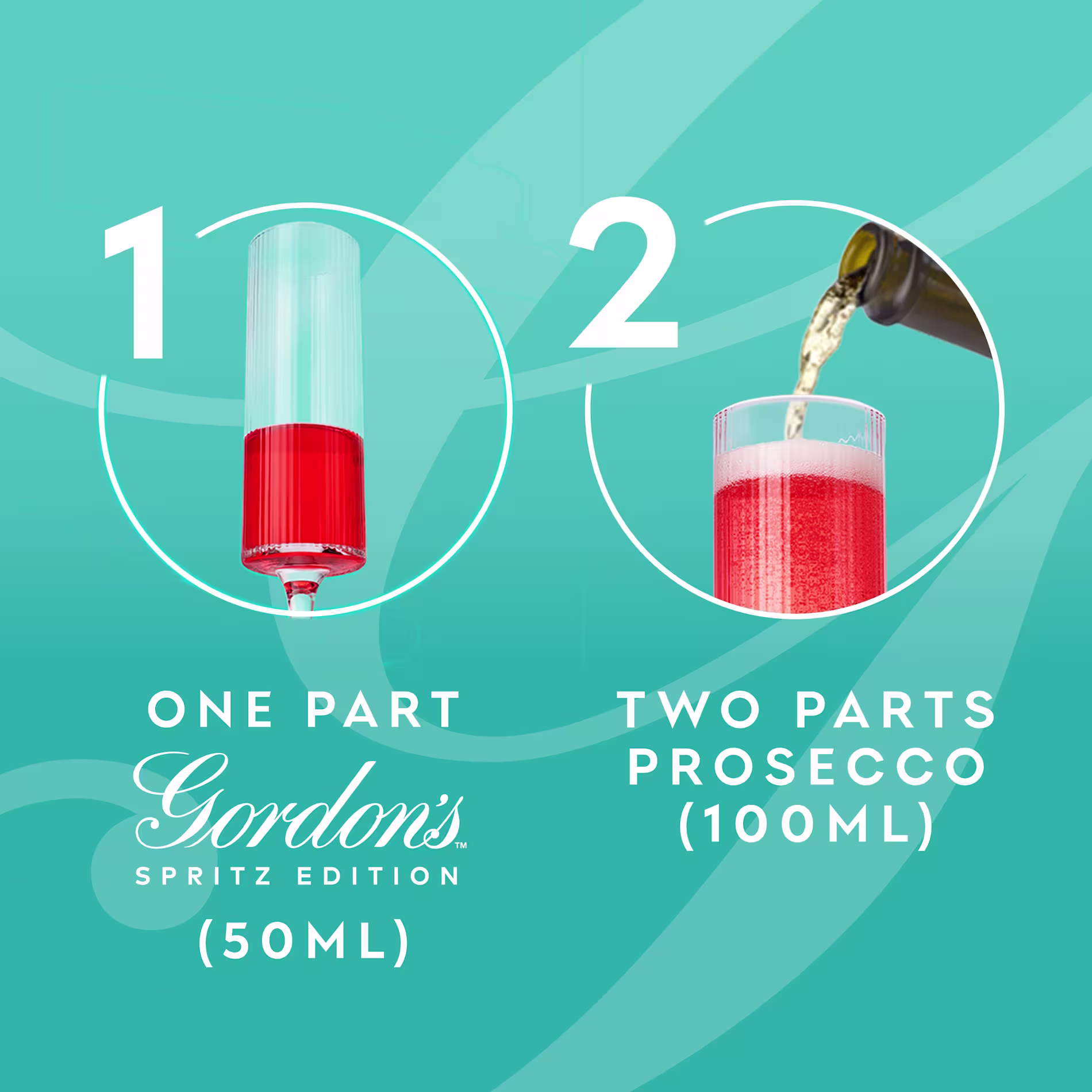 Image with text: "Step 1: 50ml Gordons Strawberry & Passionfruit, Step 2: 100ml Prosecco"


