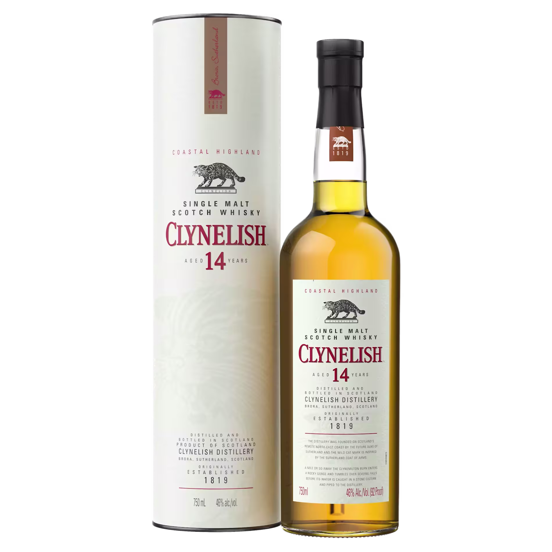 A bottle of Clynelish 14 Year Old Single Malt Scotch Whisky stands next to its cylindrical box packaging, both featuring matching labels and design elements.