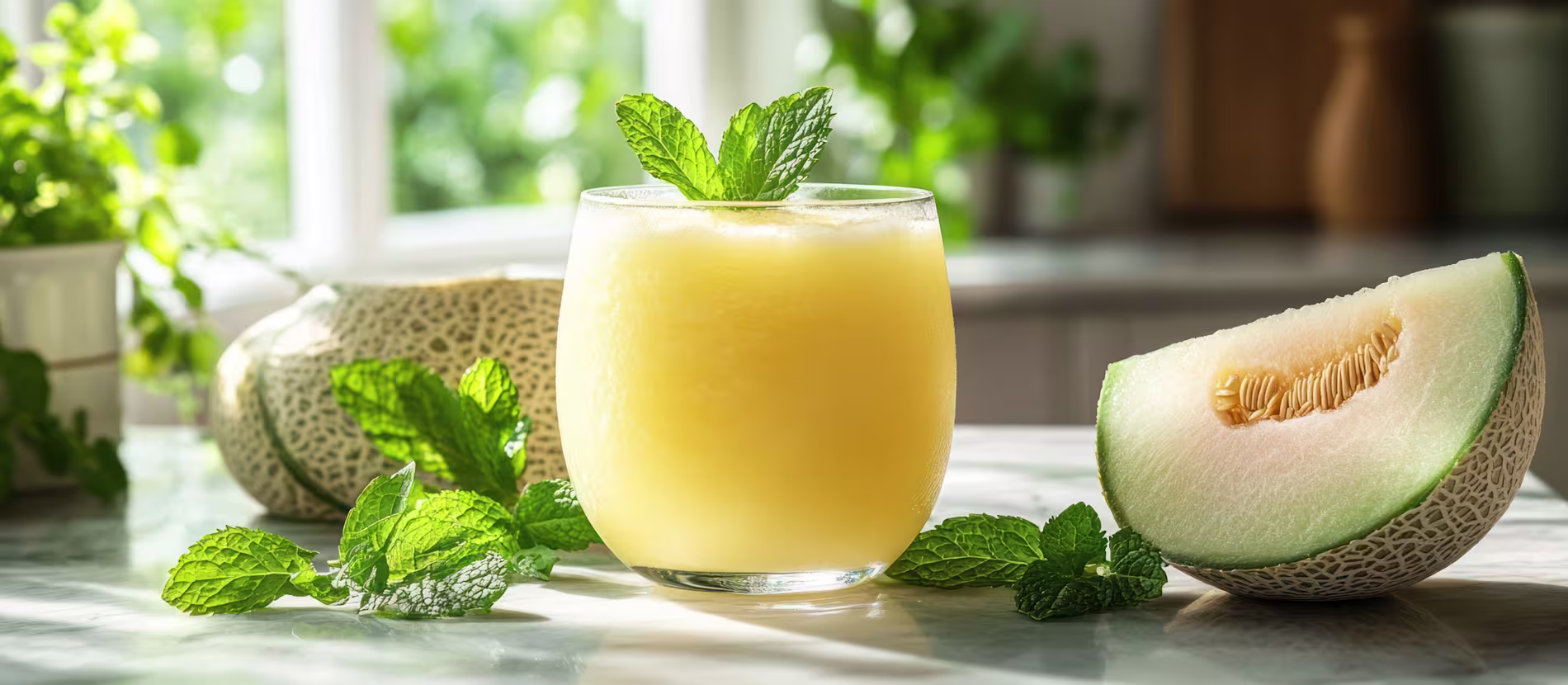 A glass of yellow melon smoothie garnished with mint sits on a marble countertop beside fresh mint leaves and a sliced cantaloupe in a sunlit kitchen.