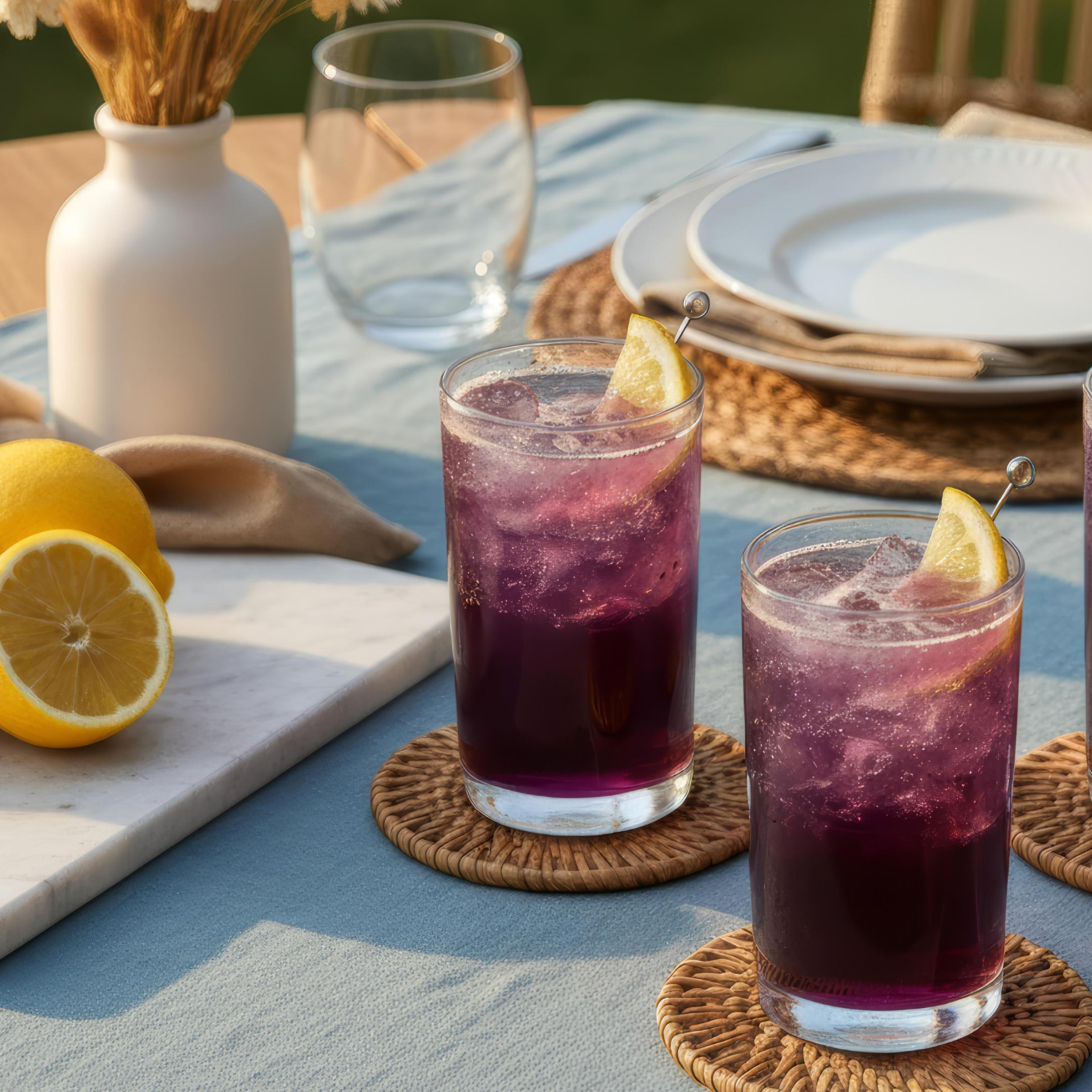 Három Purple Rain koktél highball poharakban egy szabadtéri asztalon