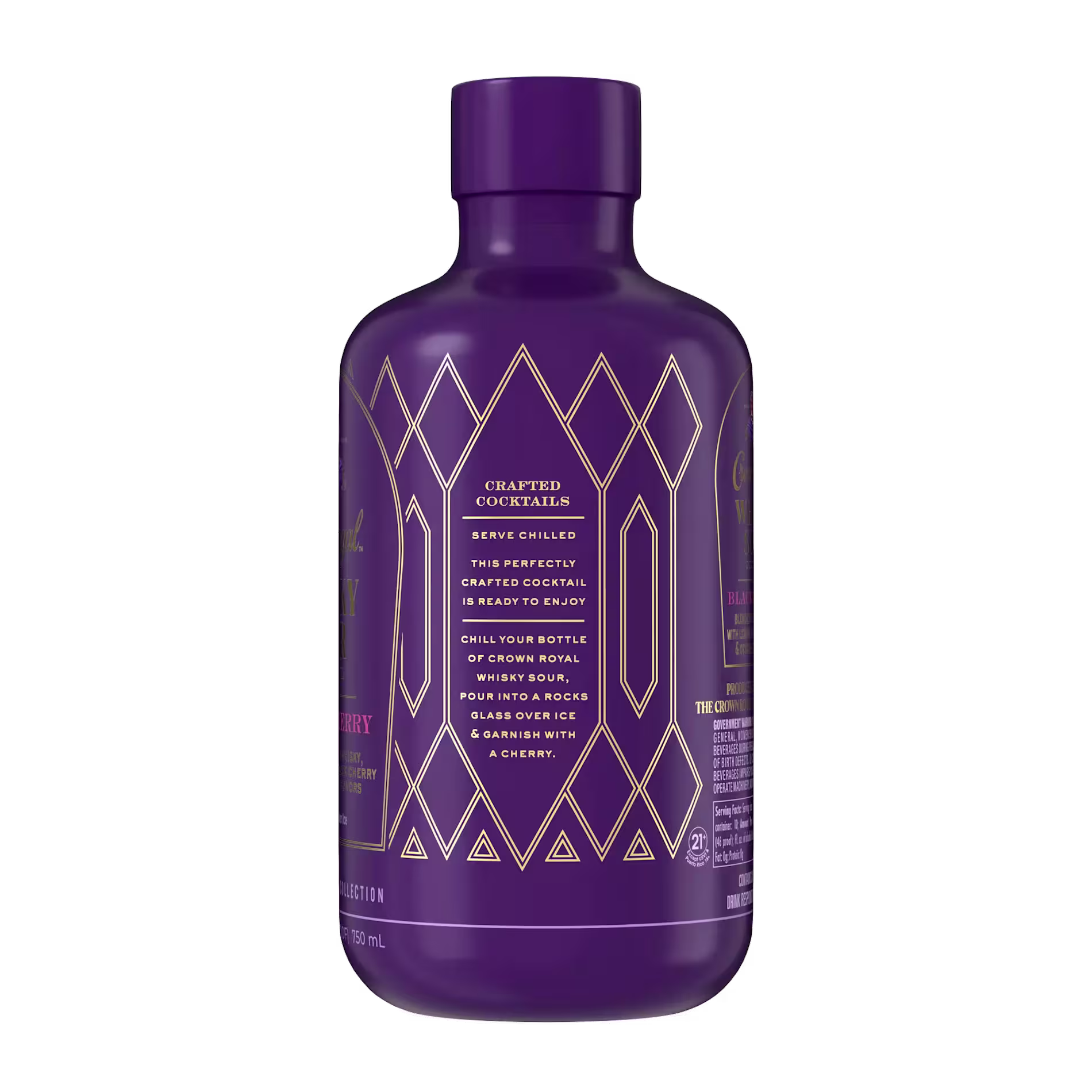A purple bottle with gold geometric designs, labeled as a crafted cocktail. Instructions and serving suggestions are printed on the back.