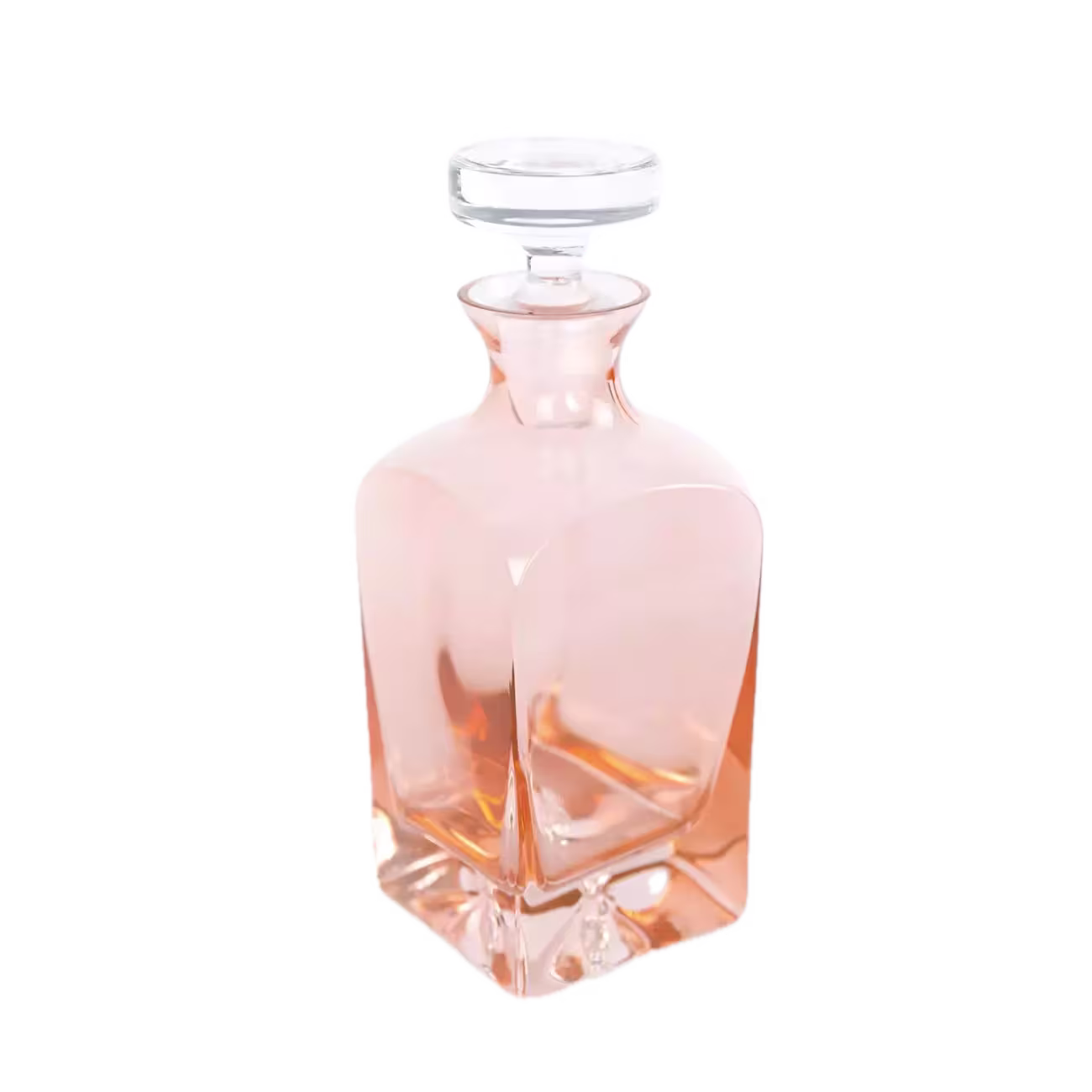 A square-shaped glass decanter with a round stopper, partially filled with a light amber liquid.