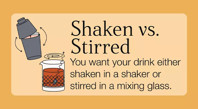 Illustration showing a cocktail being shaken in a shaker and stirred in a mixing glass, with text explaining the difference between shaken and stirred drinks.