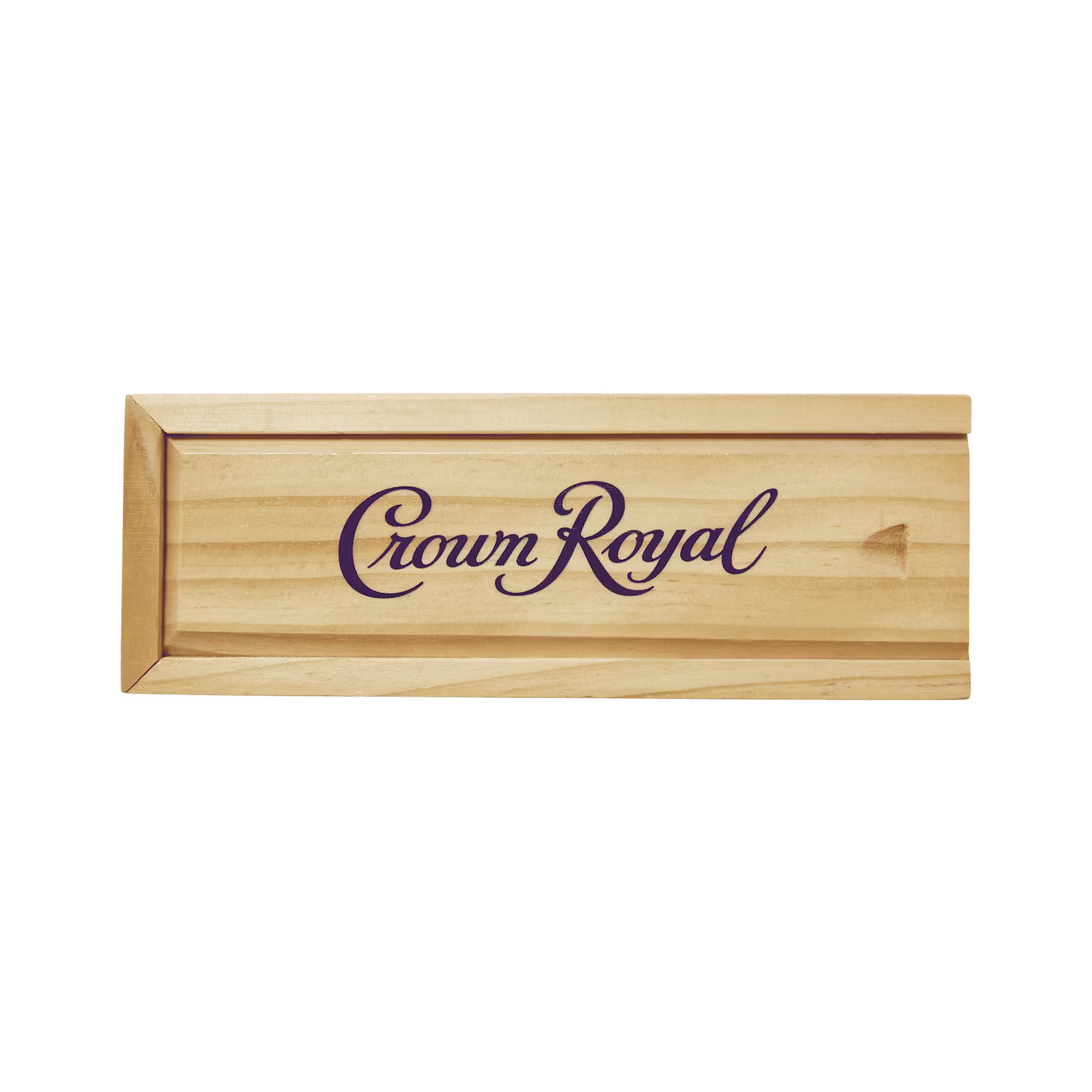 A rectangular wooden box lid with Crown Royal written in purple script on the front.
