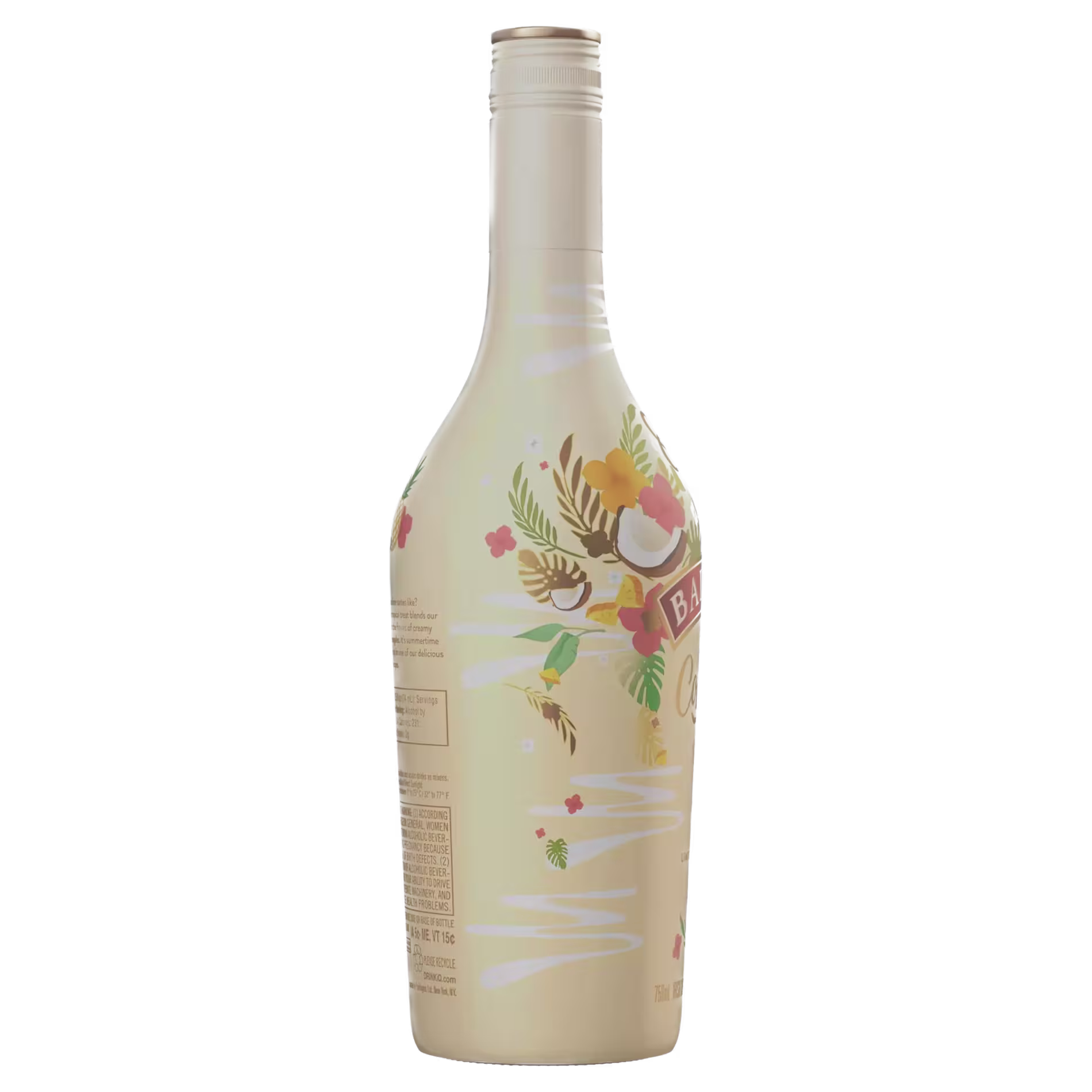 A cream-colored bottle with floral and coconut illustrations, viewed from the back, with no visible label or branding.