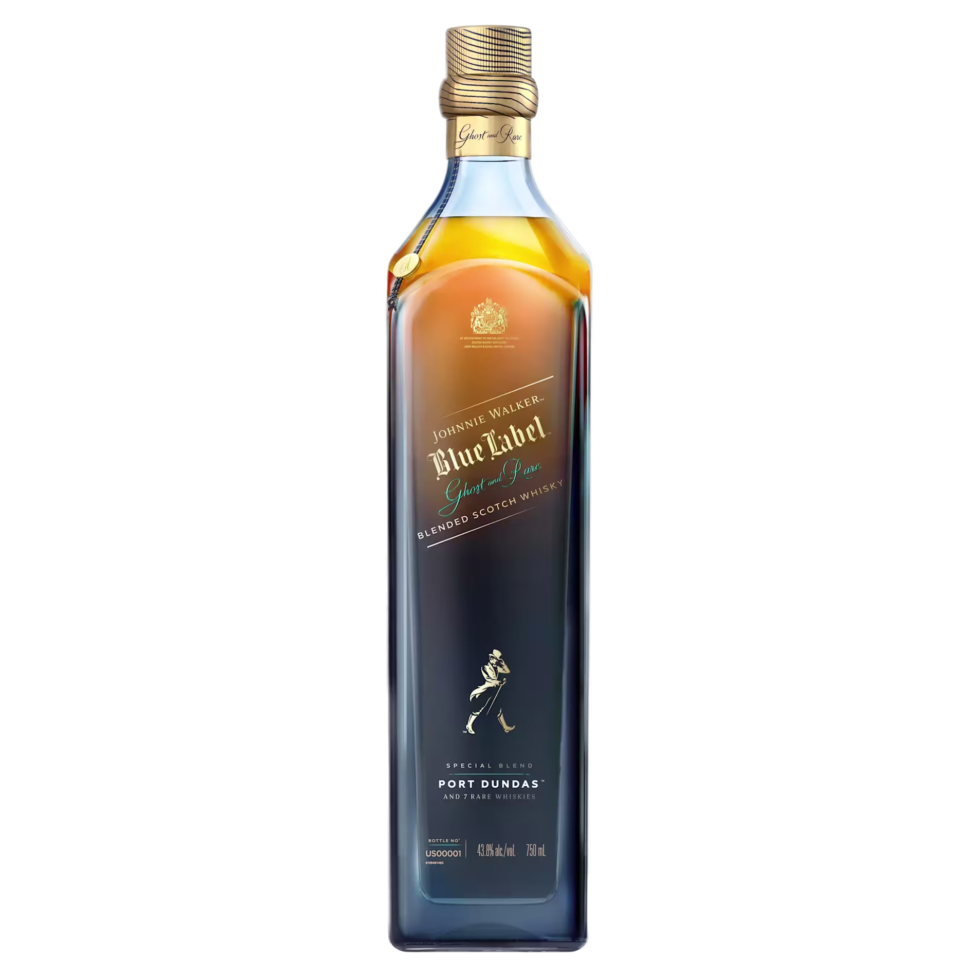 A bottle of Johnnie Walker Blue Label Blended Scotch Whisky, with a gold cap and dark blue label, standing upright against a plain background.