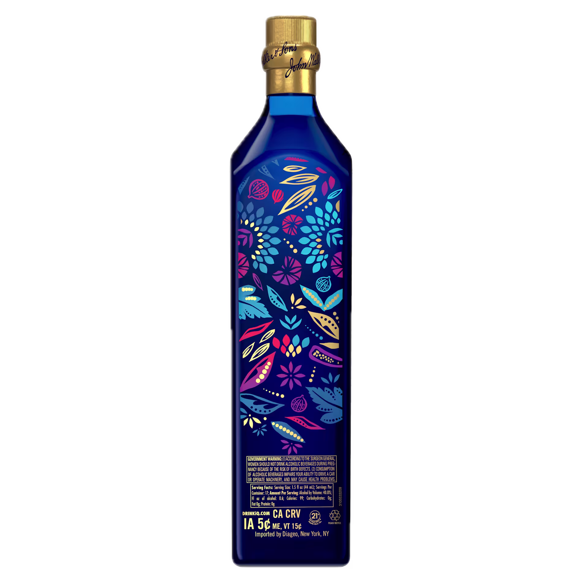 Back view of Johnnie Walker Blue Label Festive Blend Blended Scotch Whisky 750 mL bottle. The deep blue glass bottle features colorful floral and botanical artwork in blue, pink, purple, and gold, with product information and government warning text near the base. 