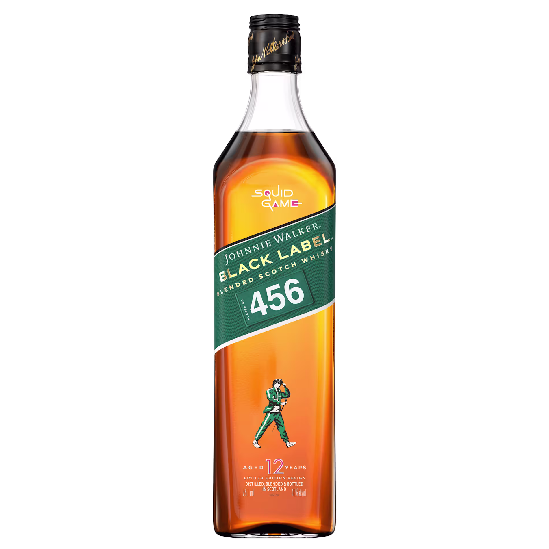 A bottle of Johnnie Walker Black Label whisky with “Squid Game” and “456” on the label, featuring a cartoon figure in a green tracksuit.