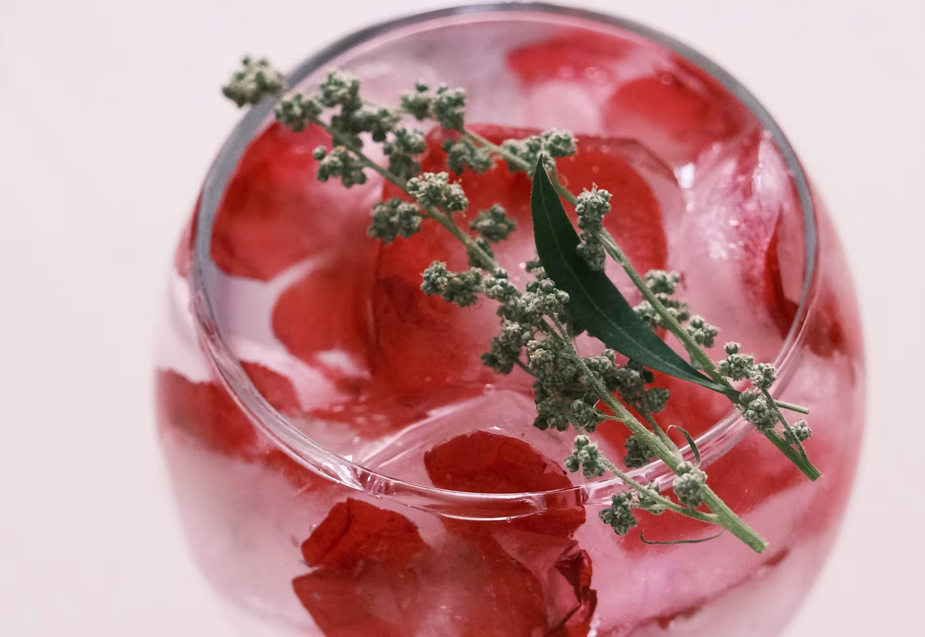 A close-up of a glass filled with ice cubes, red fruit slices, and topped with a small green herb sprig.