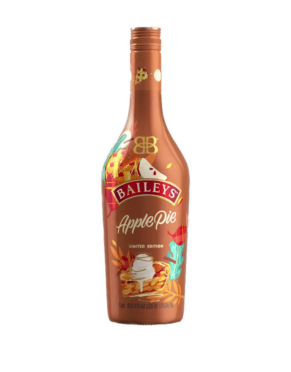 A bottle of Baileys Apple Pie limited edition liqueur with autumn-themed packaging and images of apple pie and whipped cream.