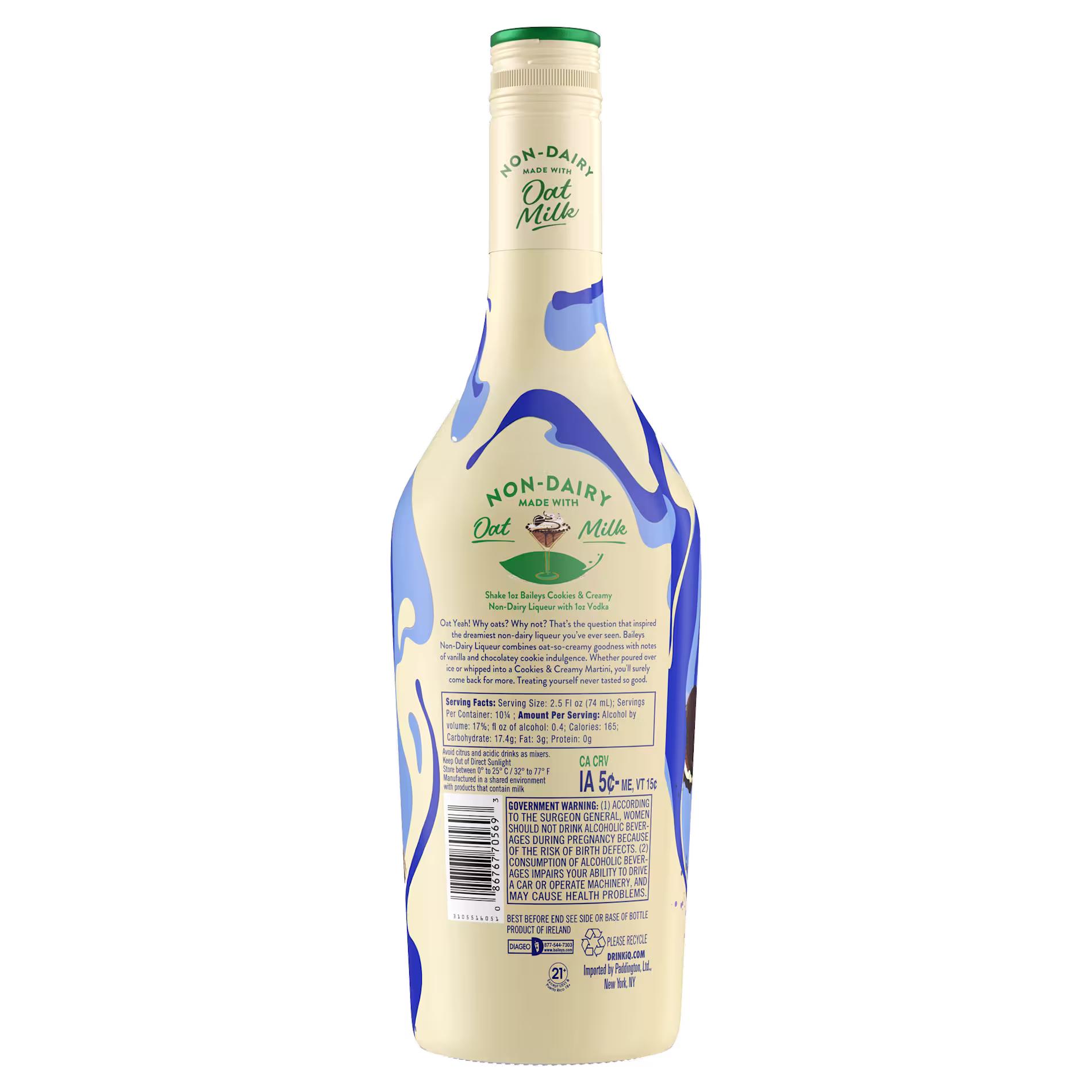 A bottle of non-dairy oat milk creamer with a blue and cream swirl design, showing the back label with product information and ingredients.