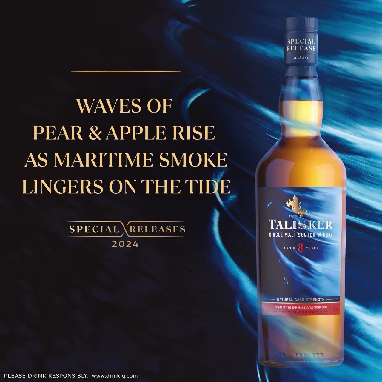 A bottle of Talisker 8 Year Old whisky stands upright against a background of blue waves, with descriptive text about its flavor profile and Special Releases 2024 label.