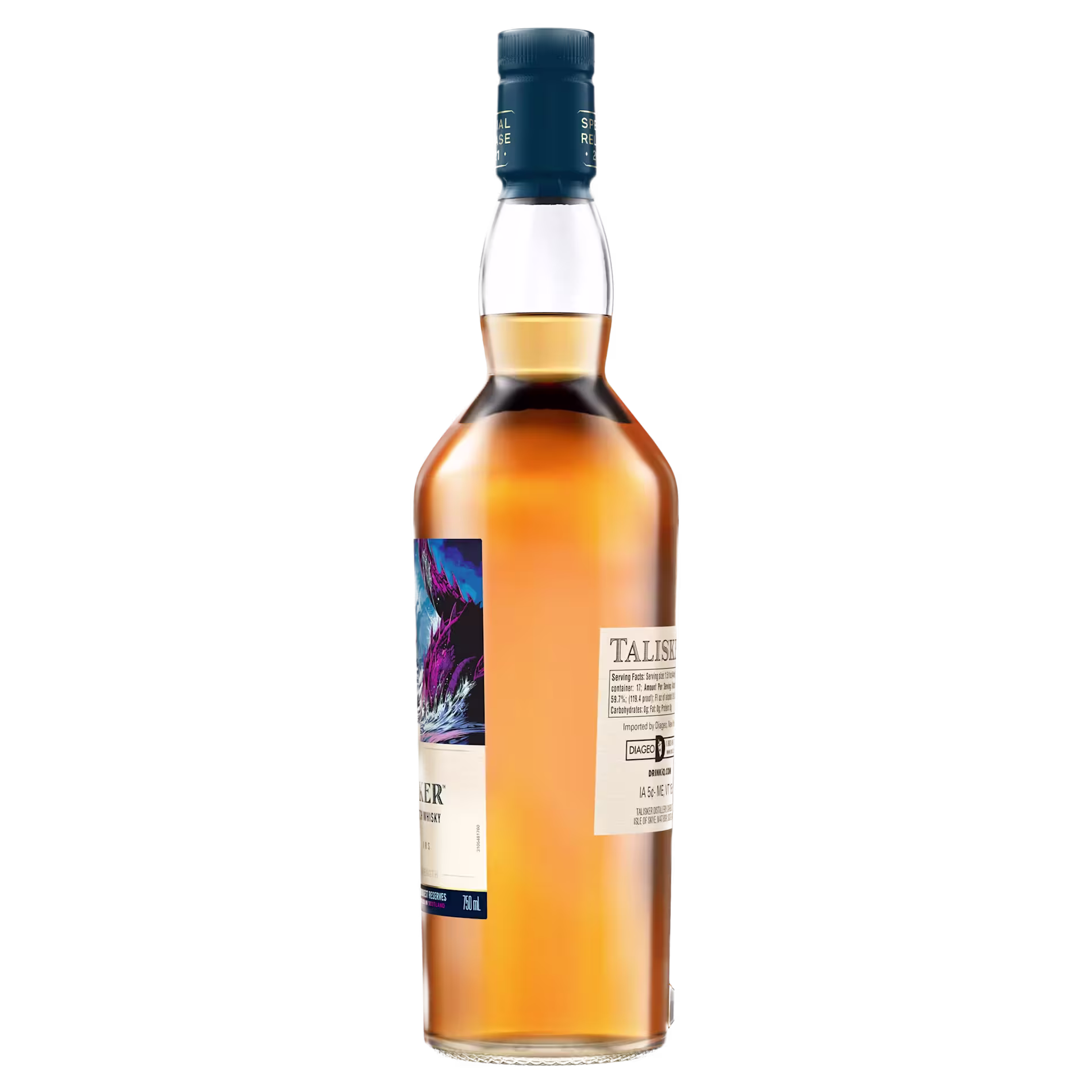 A bottle of Talisker single malt Scotch whisky with a blue cap and label, shown against a black background.