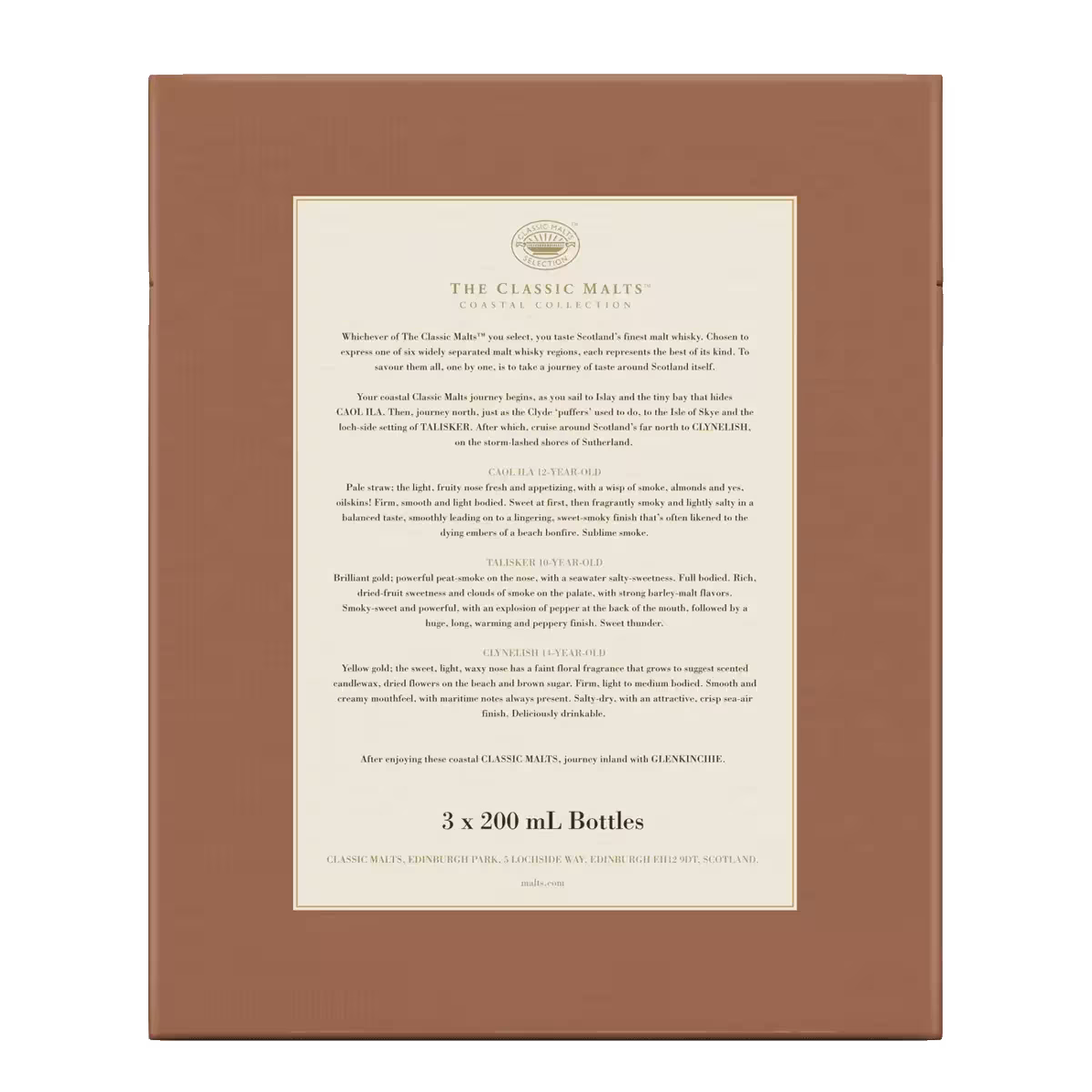 Brown box with a centered cream label featuring detailed text about The Classic Malts malt whisky collection, including tasting notes and package contents: 3 x 200 ml bottles.