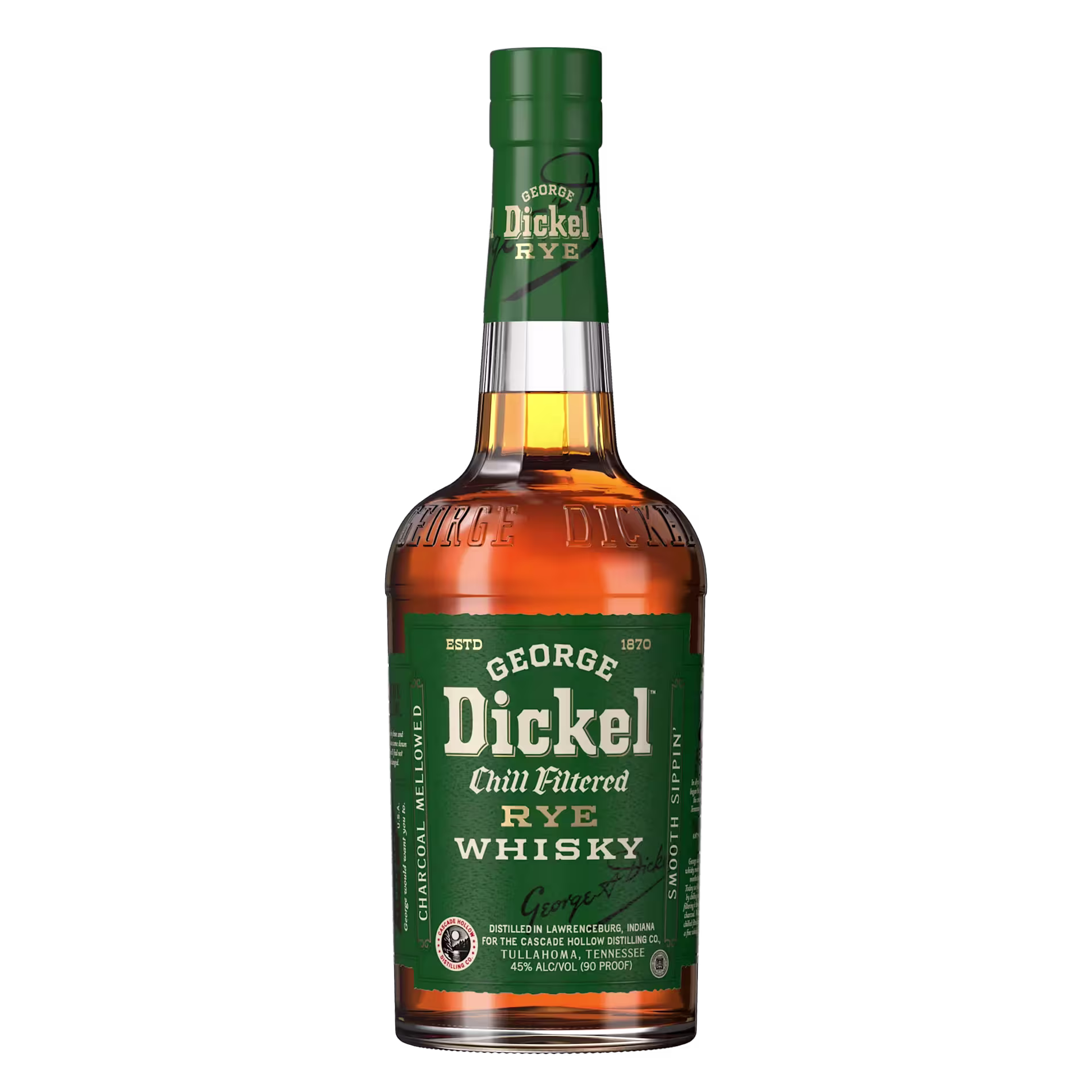 A bottle of George Dickel Chill Filtered Rye Whisky with a green label and cap, containing 750ml and 45% alcohol by volume.