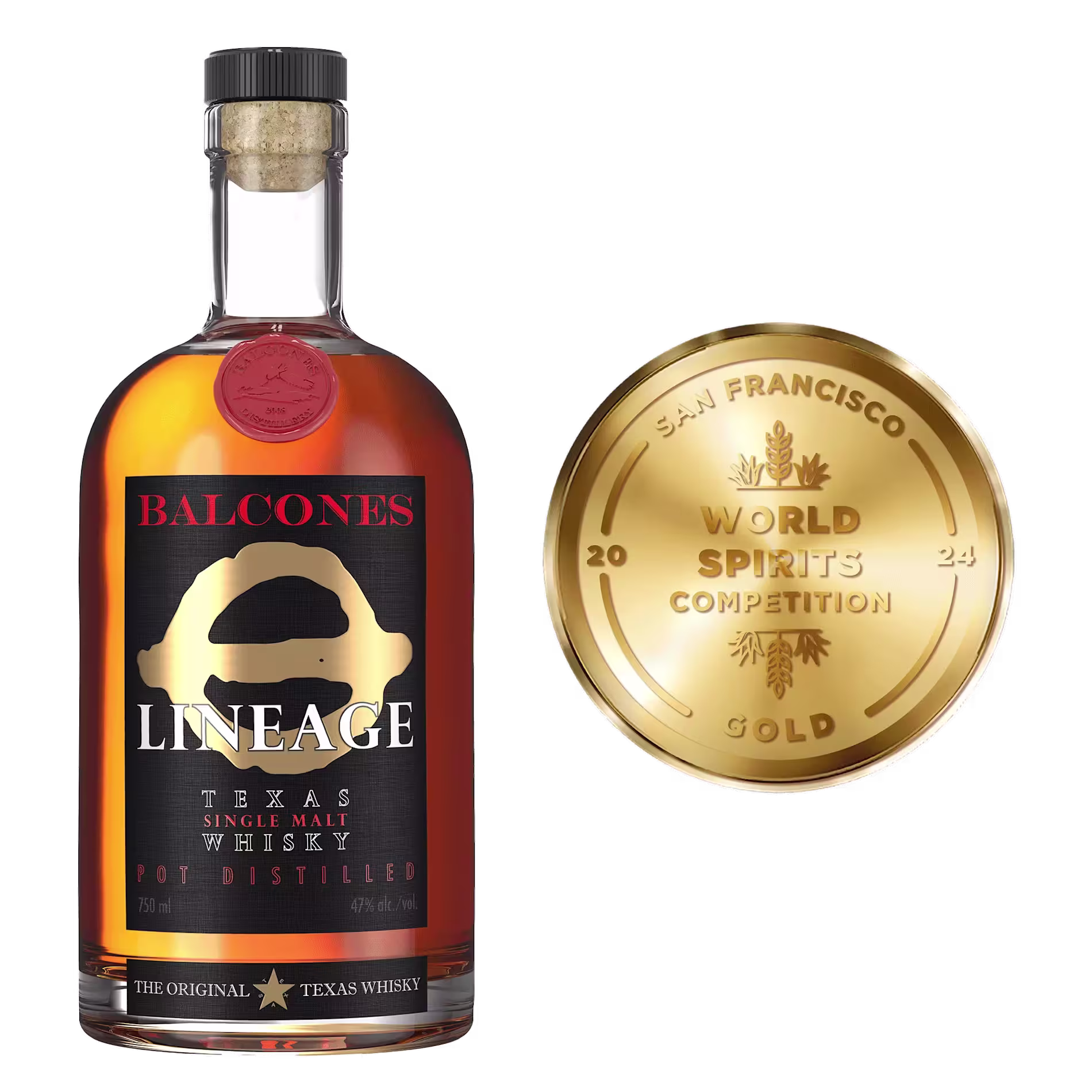 A bottle of Balcones Lineage Texas Single Malt Whisky next to a gold medal from the 2024 San Francisco World Spirits Competition.