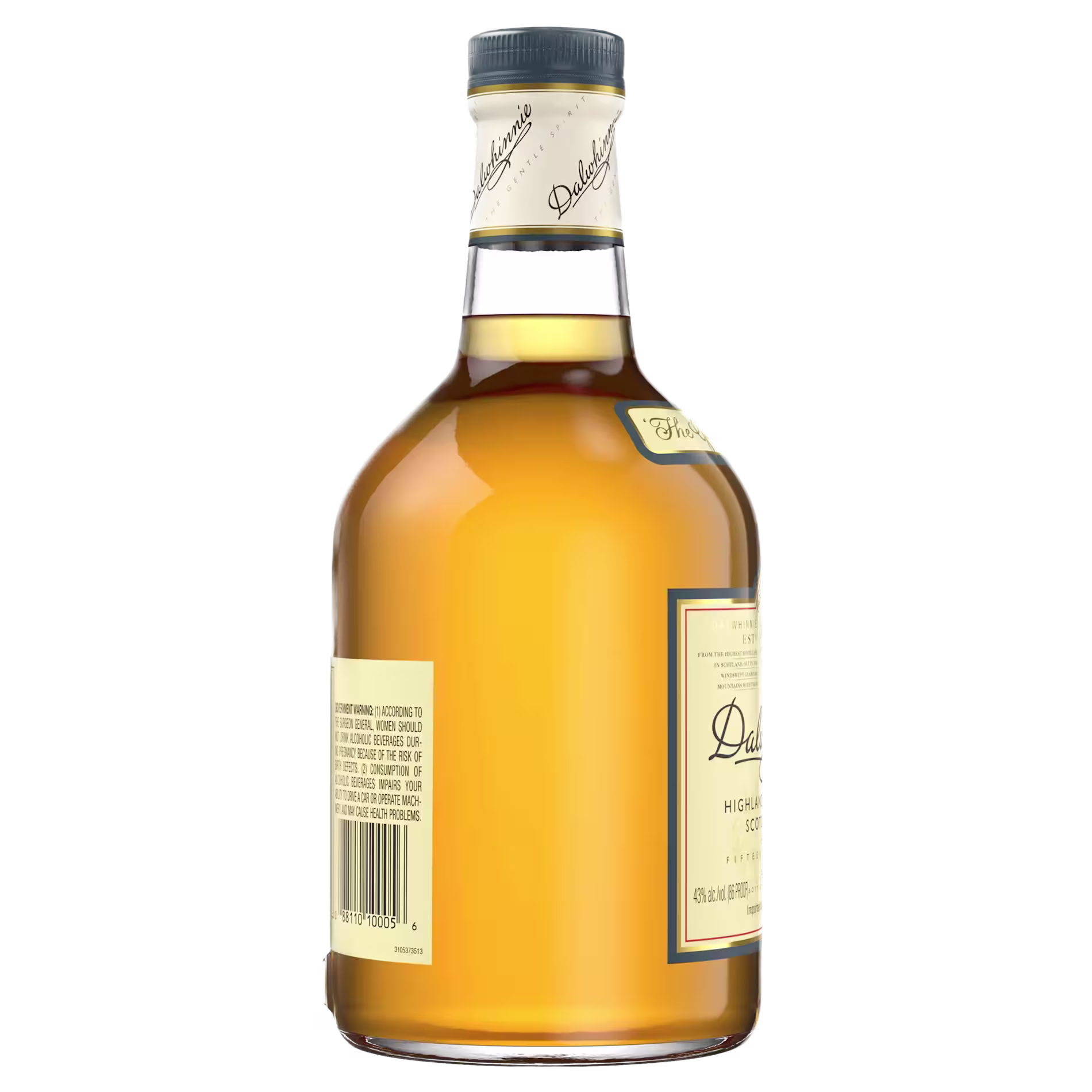 A bottle of light amber whiskey with a blue cap, barcode, and label, viewed from the back and slightly to the side, on a plain background.